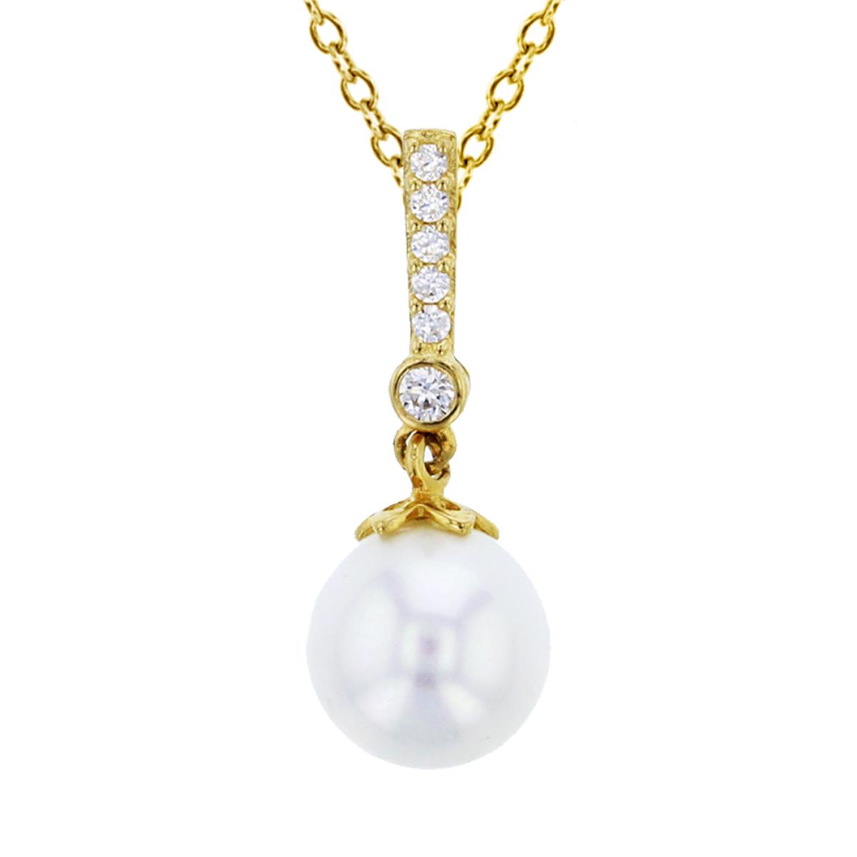 14K Yellow Gold 6mm Fresh Water Pearl & CZ Dangling 18" Necklace