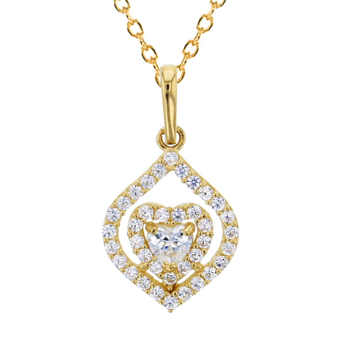 14K Yellow Gold Empty Leaf with Heart Inside 17x9mm  CZ Dangling 18" Necklace