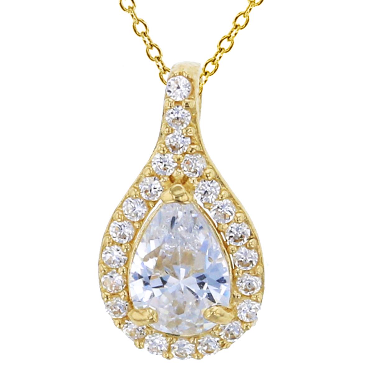 14K Yellow Gold Micropave 6x4mm Pear Cut CZ Halo 18" Necklace