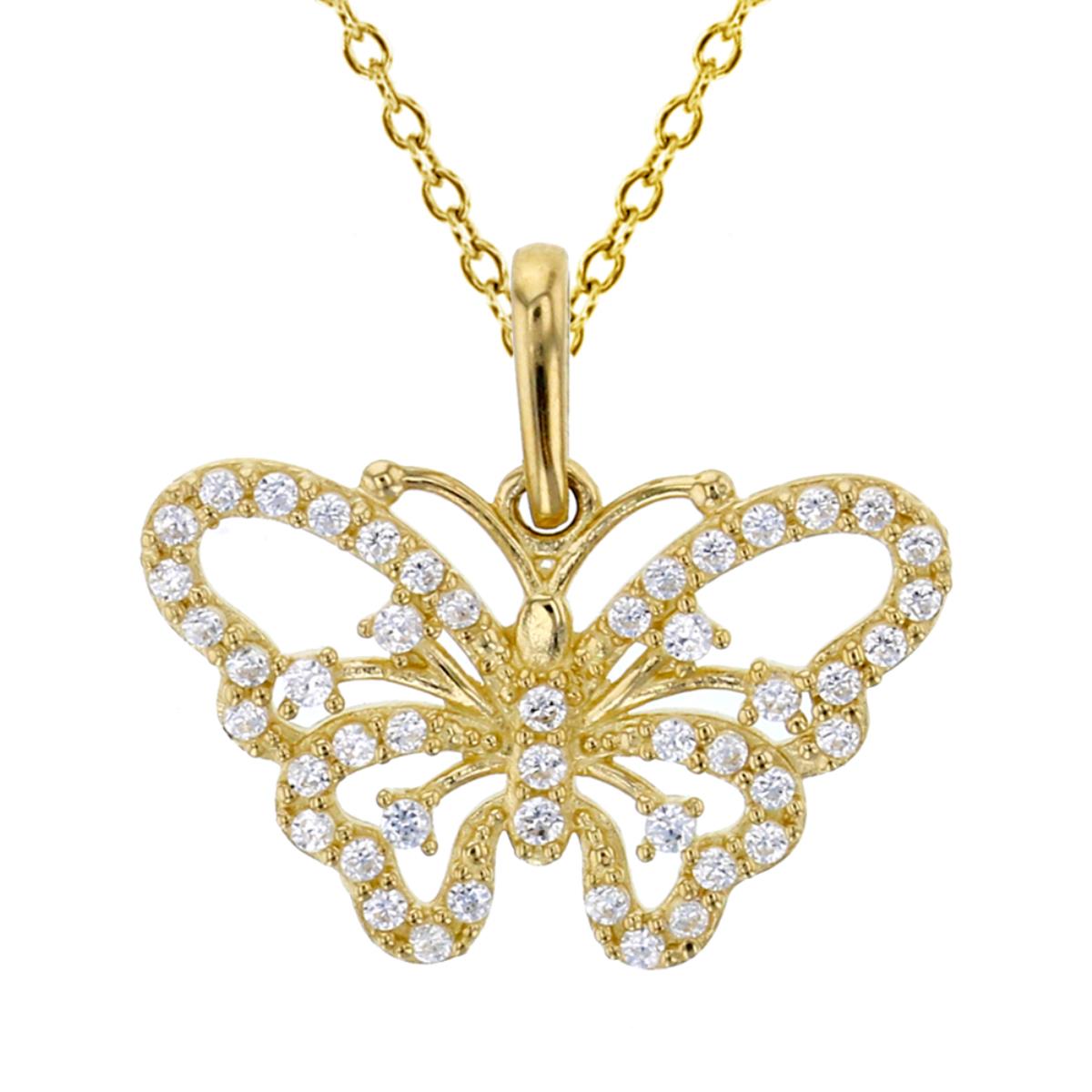 14K Yellow Gold 14x15mm Milgraine Open Butterfly CZ Dangling 18" Necklace