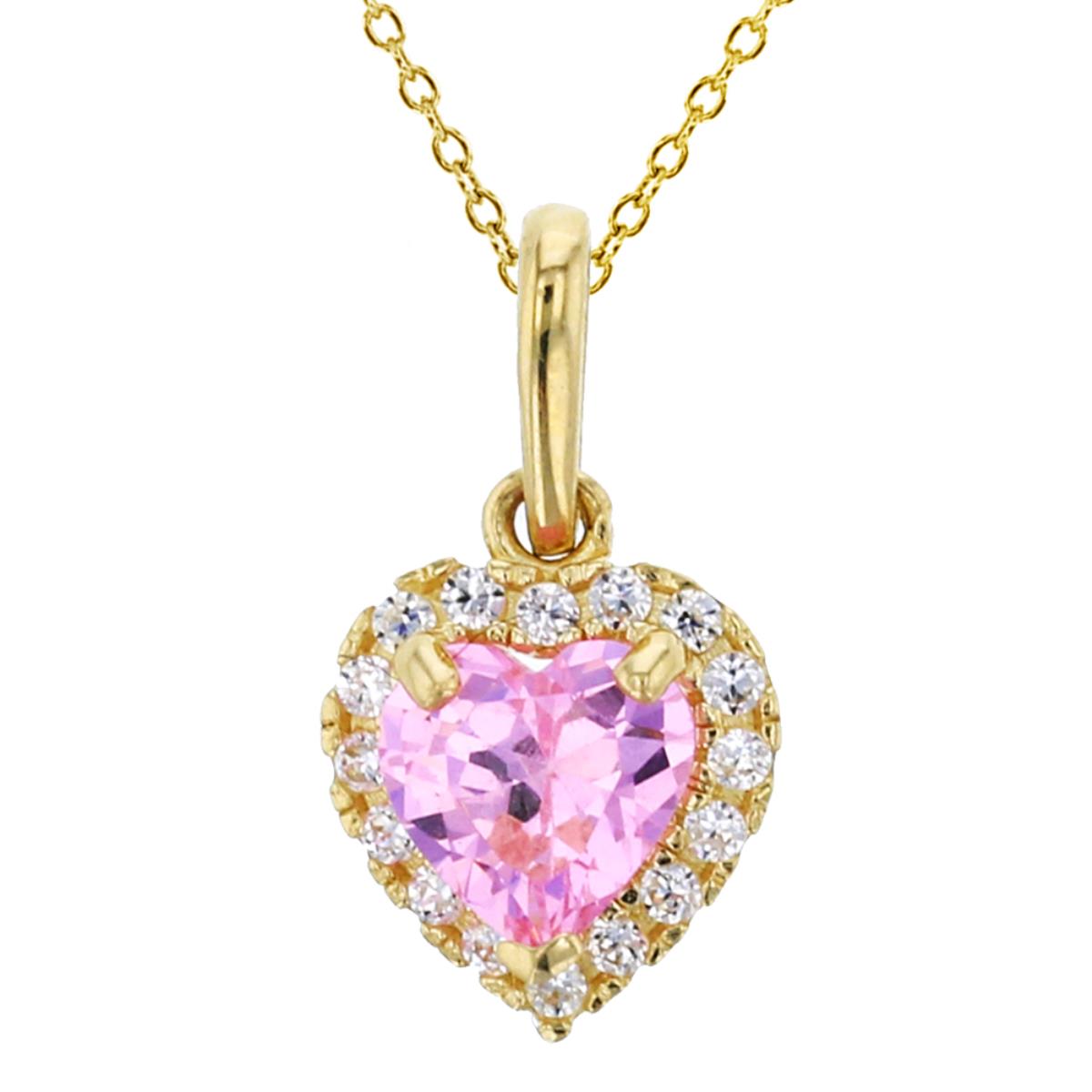 10K Yellow Gold 5mm Heart Cut Pink & CZ Halo Dangling 18" Necklace