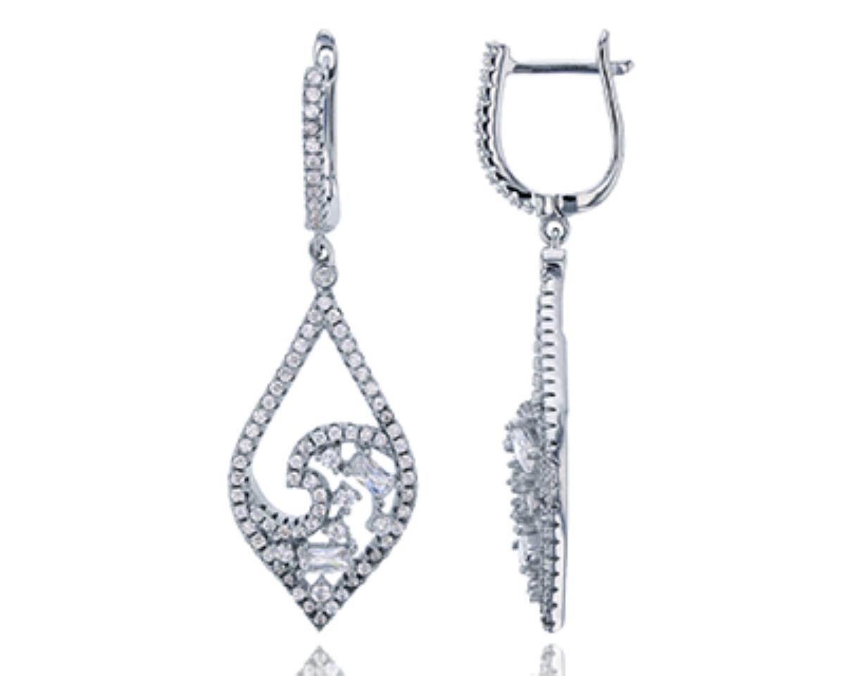 Sterling Silver Rhodium Micropave Empty Leaf CZ Latchback Dangling Earring