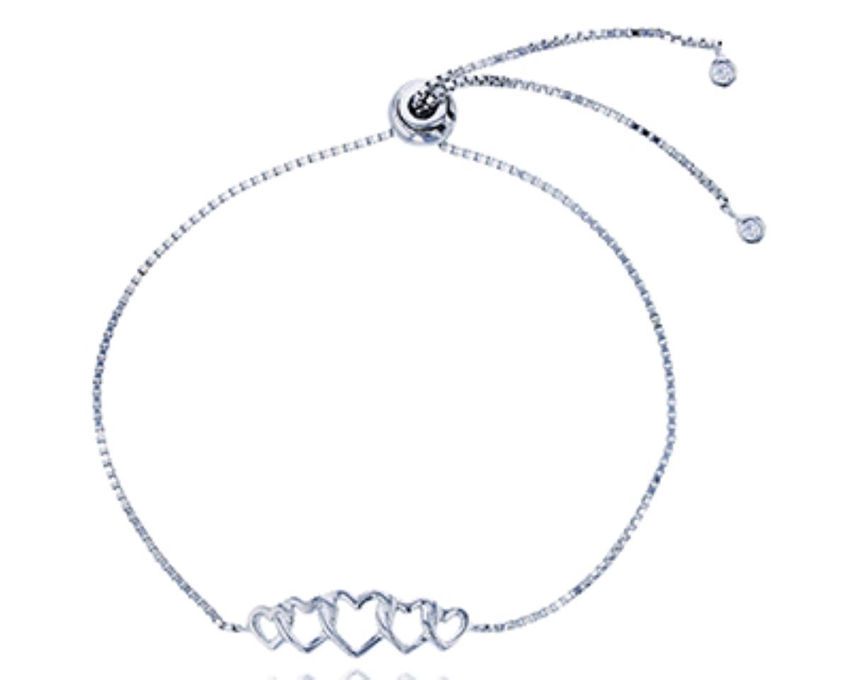 Sterling Silver Rhodium Pave 5 Interlocking Hearts Adjustable Bracelet