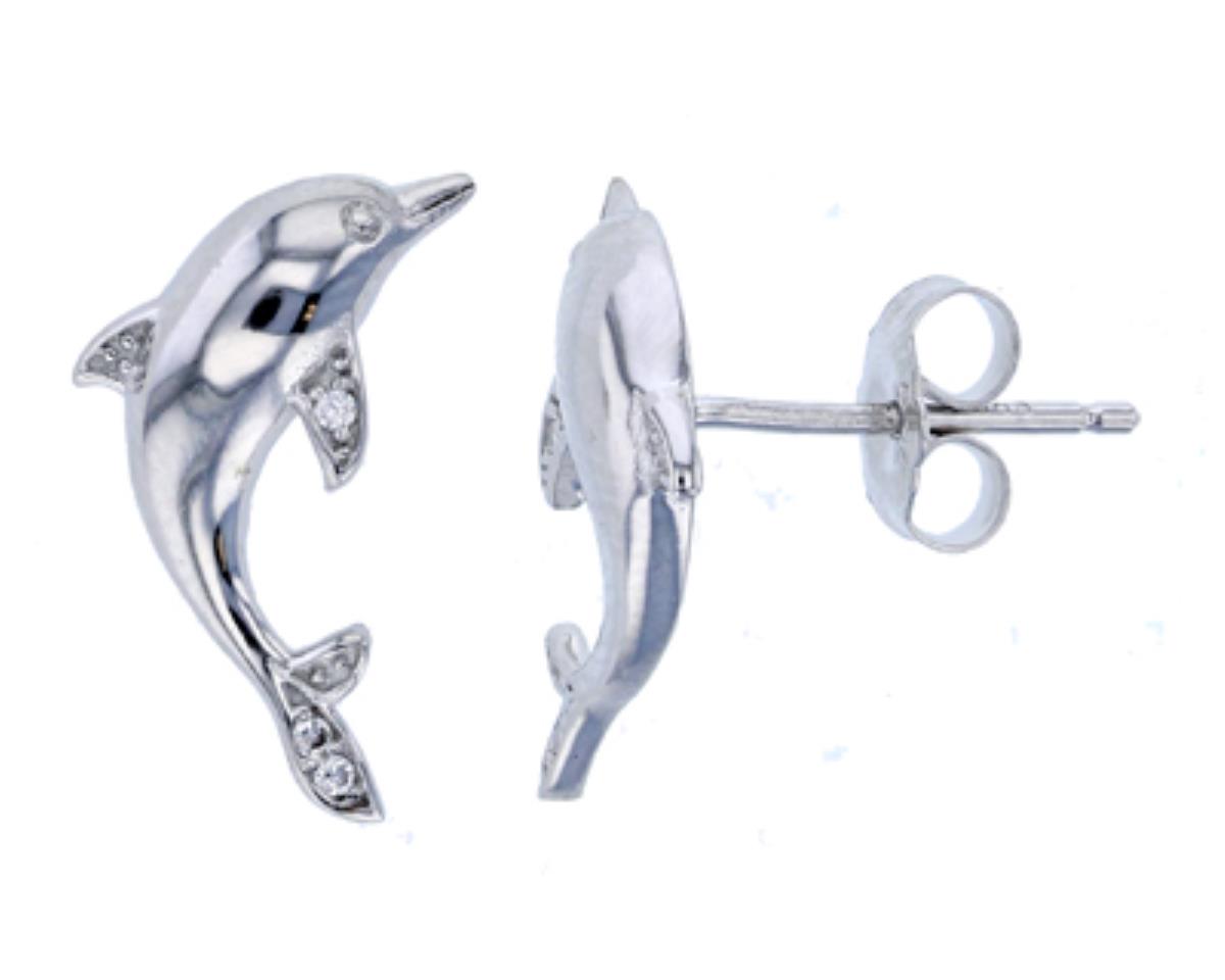 Sterling Silver Rhodium Pave Dancing Dolphin CZ Stud Earring