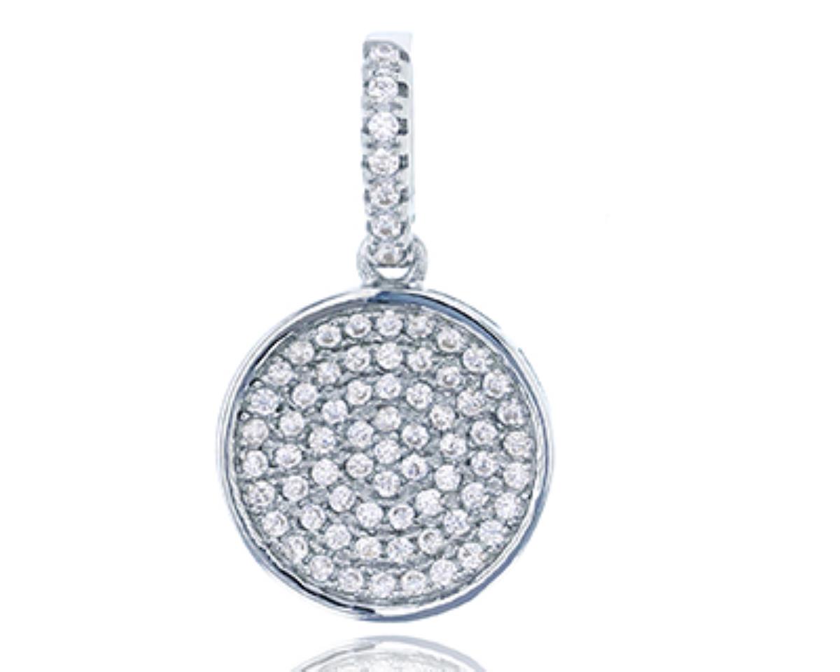 Sterling Silver Rhodium Micropave 12mm Circle CZ Dangling Pendant