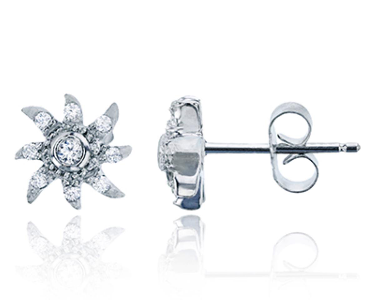 Sterling Silver Rhodium Micropave Flower CZ Stud Earring