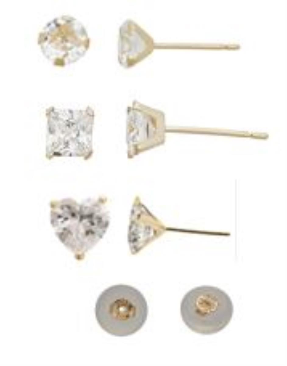 10K Yellow Gold 5MM RD, SQ & HRT Solitaire Stud & 10K Silicone Back