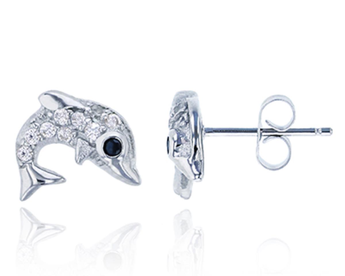 Sterling Silver Rhodium Micropave Dolphin CZ Stud Earring