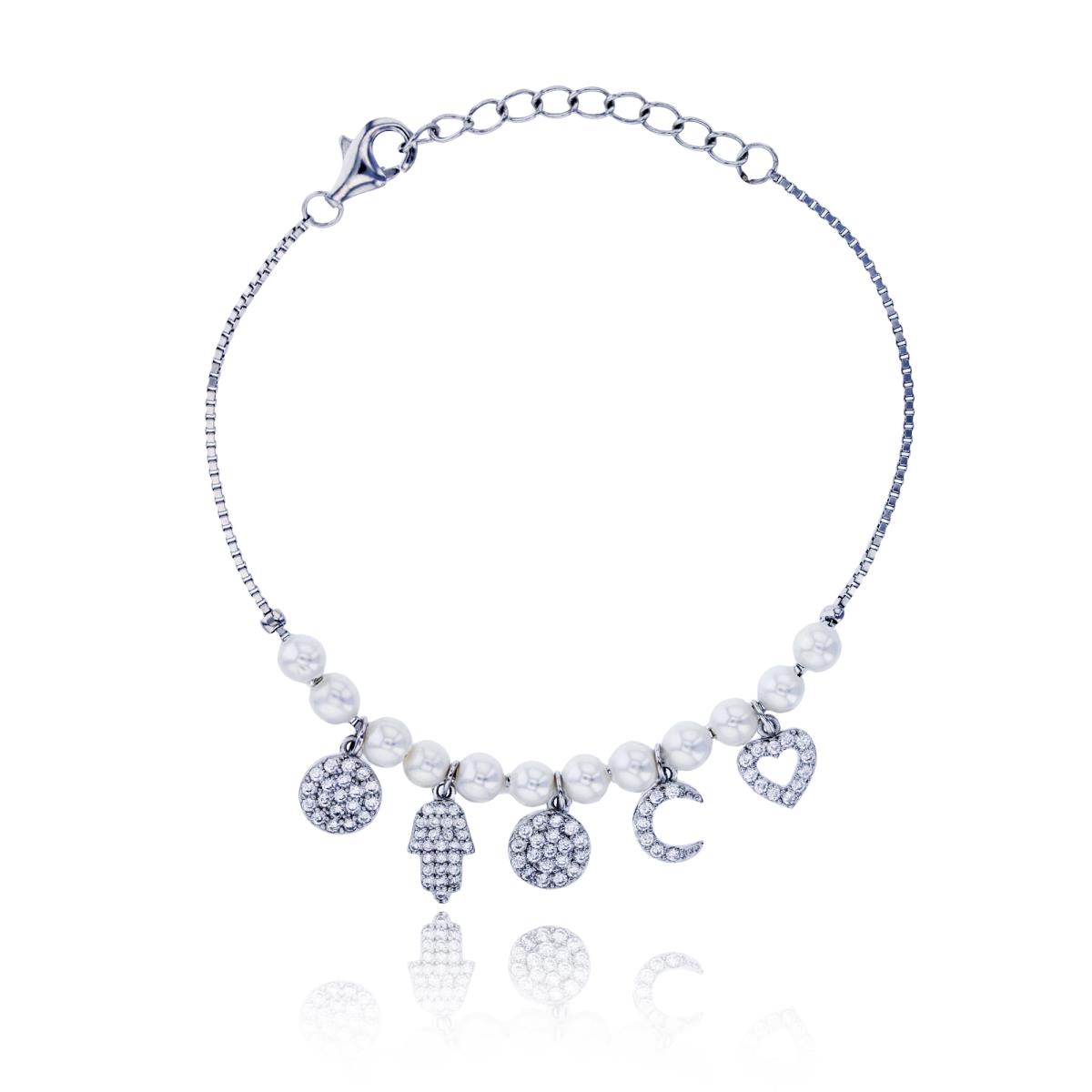 Sterling Silver Rhodium Fresh Water Pearl & CZ Charms 6+1.25" Bracelet