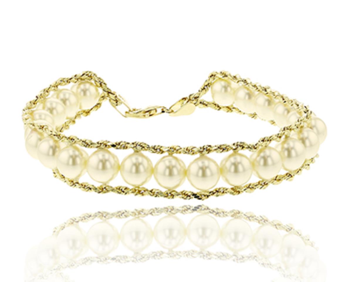 14K Yellow Gold DC 8mm Glass Pearl 7.5" Rope Bracelet