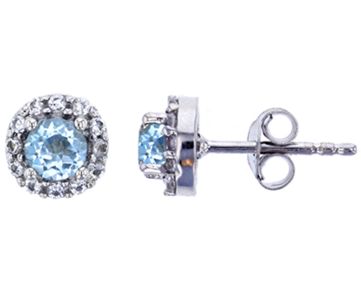 Sterling Silver Rhodium 4mm Rd Genuine Sky Blue Topaz with White Topaz Halo Stud Earring