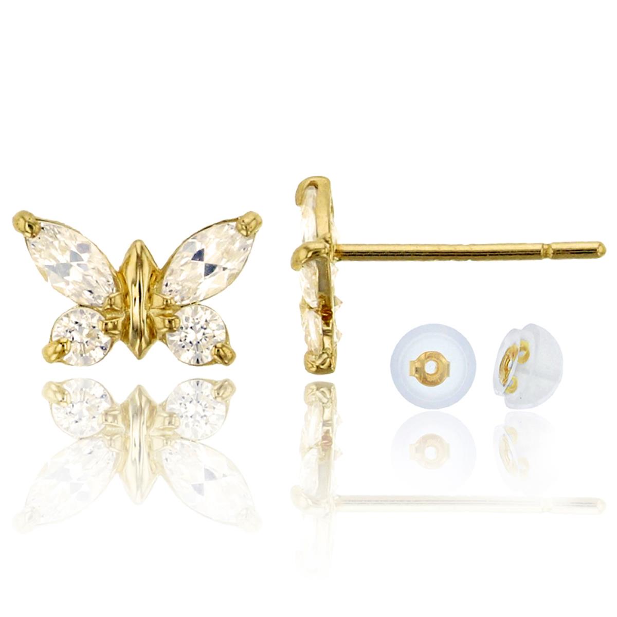14K Yellow Gold Rd and Mq Cut Butterfly Stud Earring & 14K Silicone Back