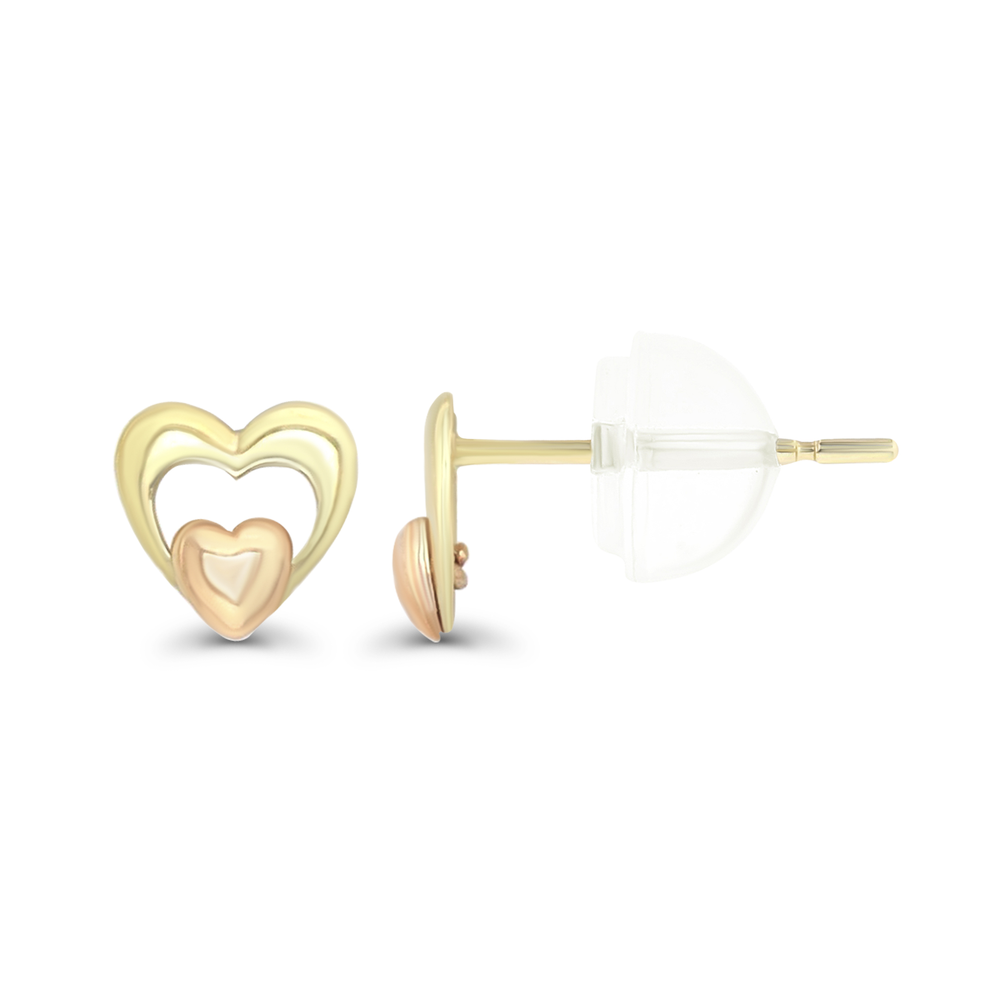 14K Yellow & Rose Gold Polished Double Heart Stud & 14K Silicone Back