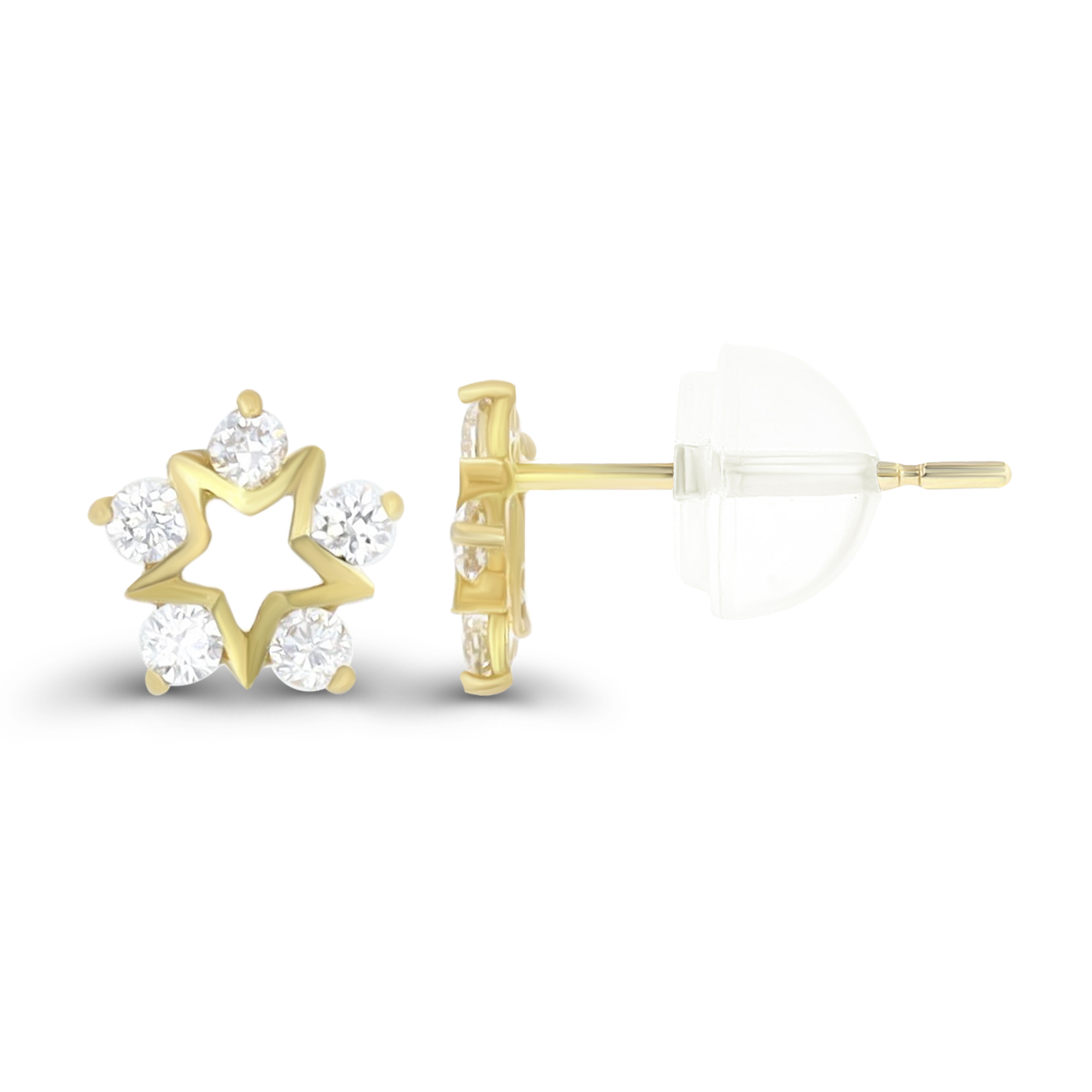 14K Yellow Gold 5-Rd Stone Open Star Stud Earring & 14K Silicone Back