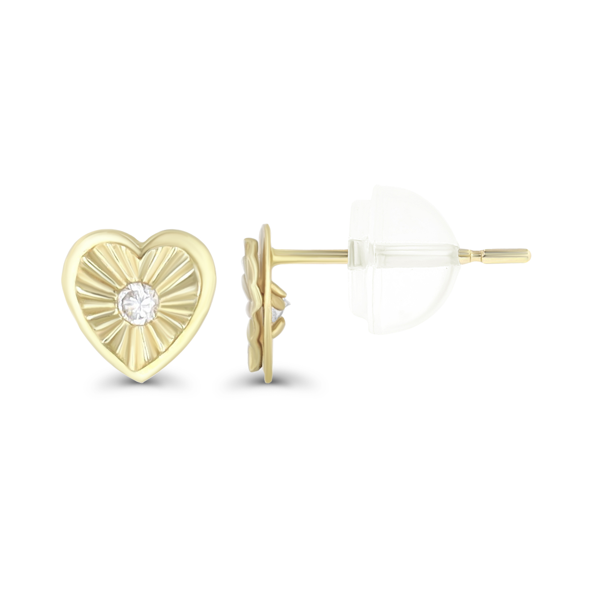 14K Yellow Gold DC CZ Heart Stud Earring & 14K Silicone Back