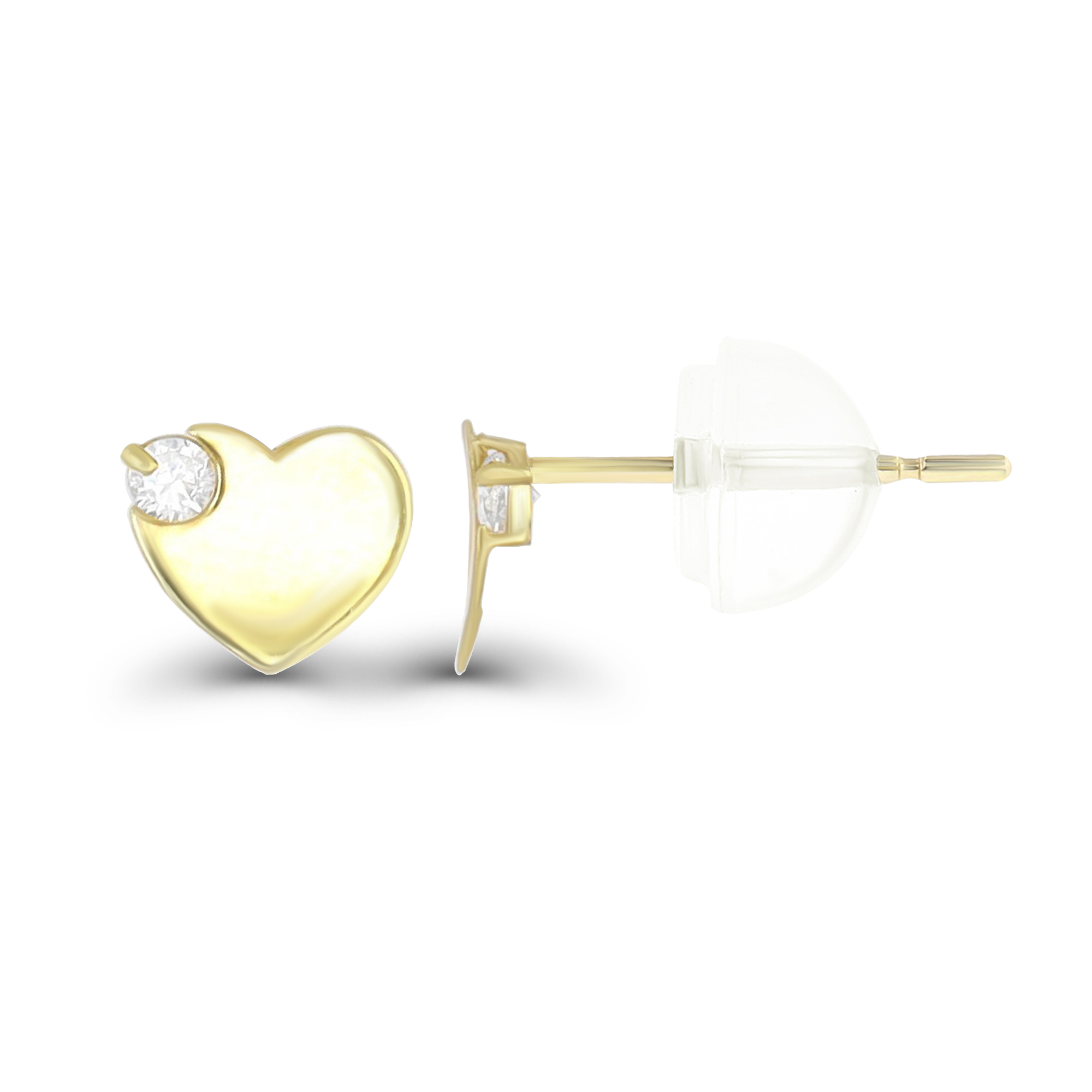 14K Yellow Gold Polished CZ Heart Stud Earring & 14K Silicone Back