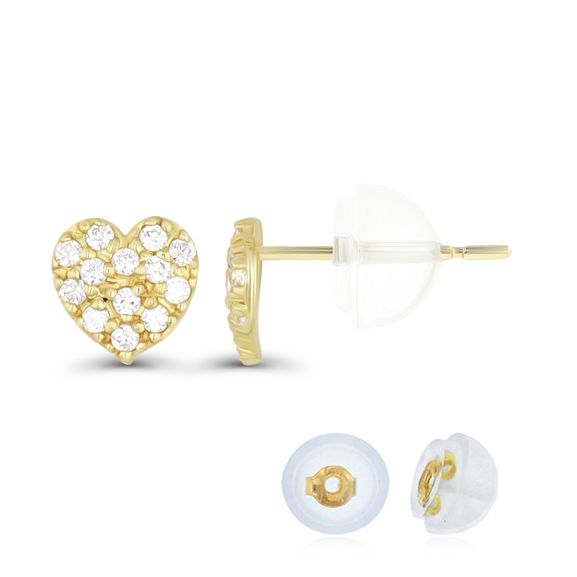 14K Yellow Gold Pave 6.5mm Heart Stud Earing & 14K Silicone Back