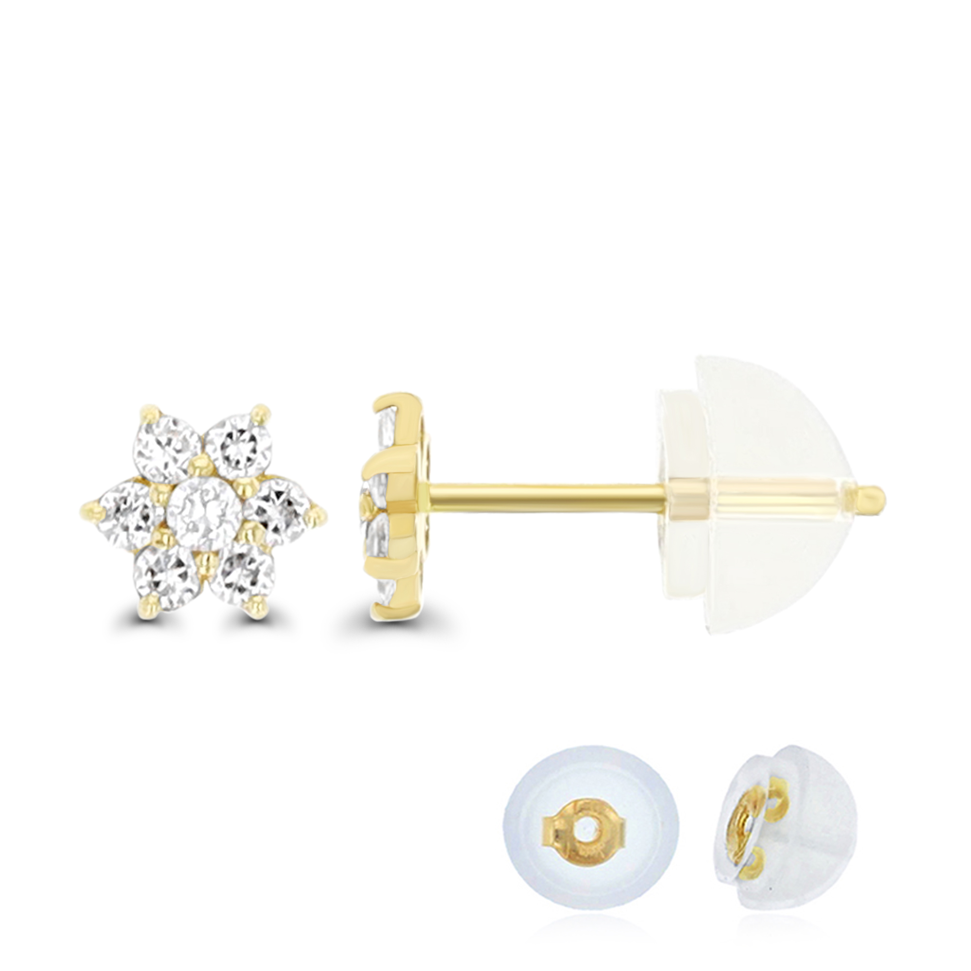 14K Yellow Gold Pave Small Flower Stud Earring & 14K Silicone Back