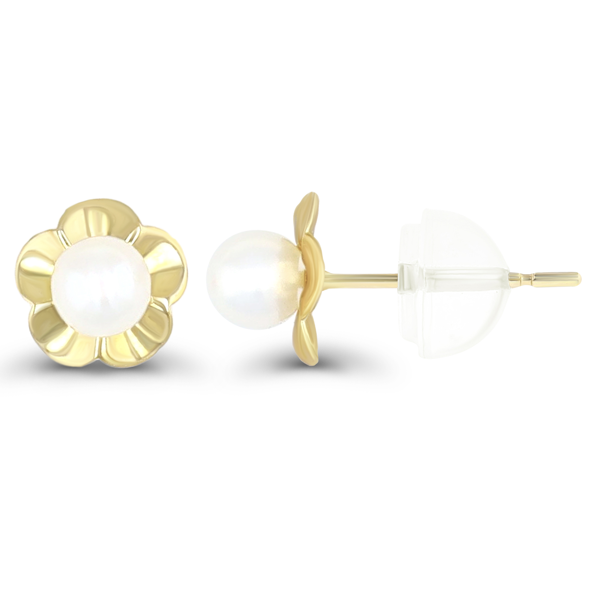 14K Yellow Gold 4.00mm Freshwater Pearl Flower Stud & 14K Silicone Back