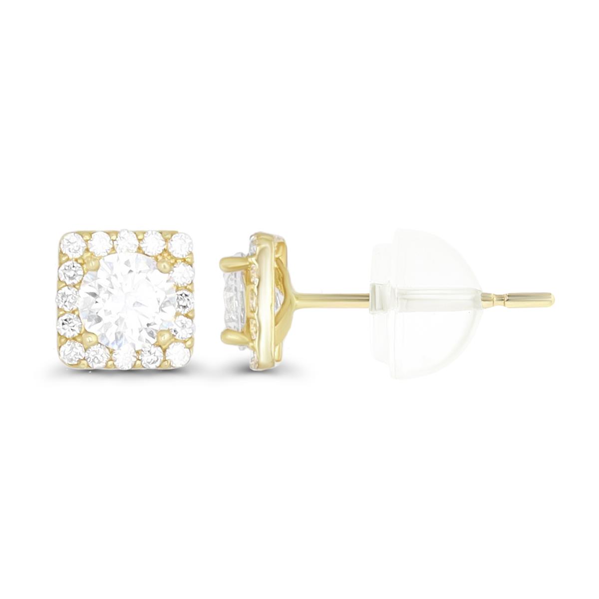 14K Yellow Gold Pave 4mm Rd Cut Square Halo Stud Earring & 14K Silicone Back