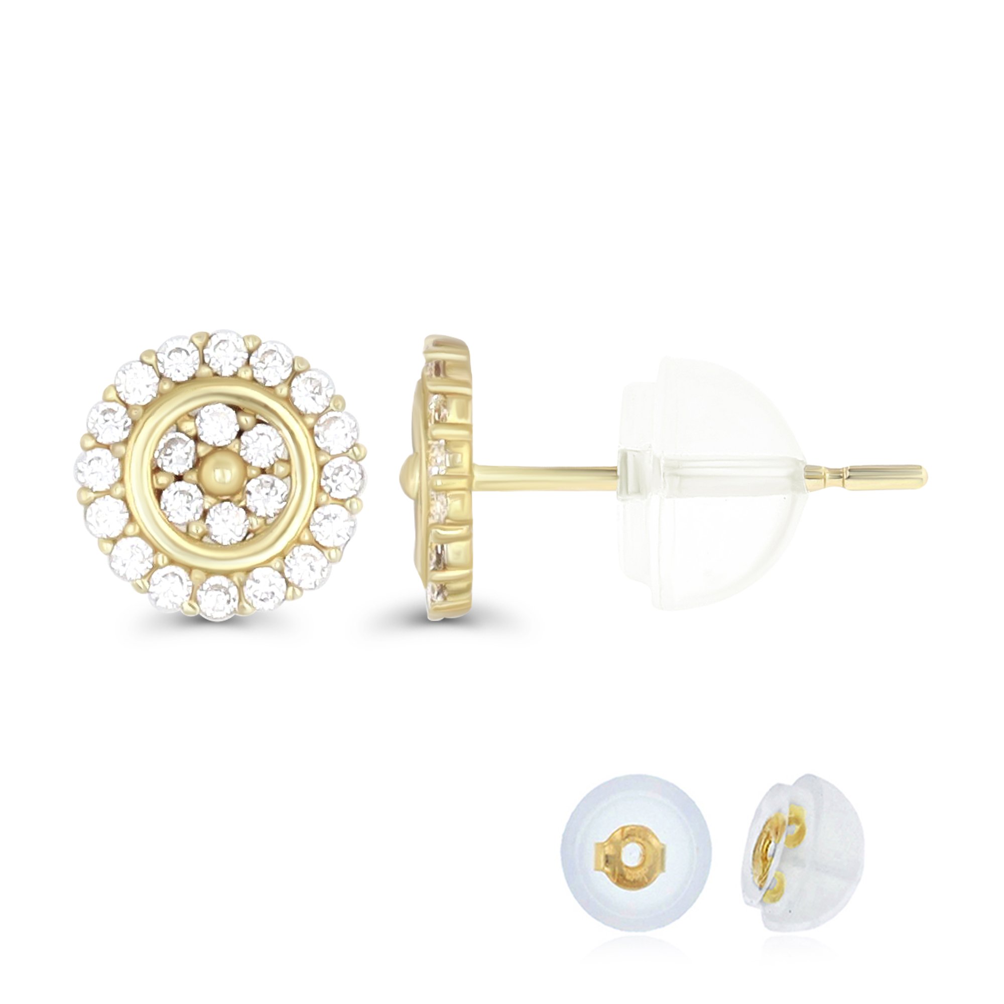 14K Yellow Gold Micropave Double Circle CZ Stud Earring & 14K Silicone Back