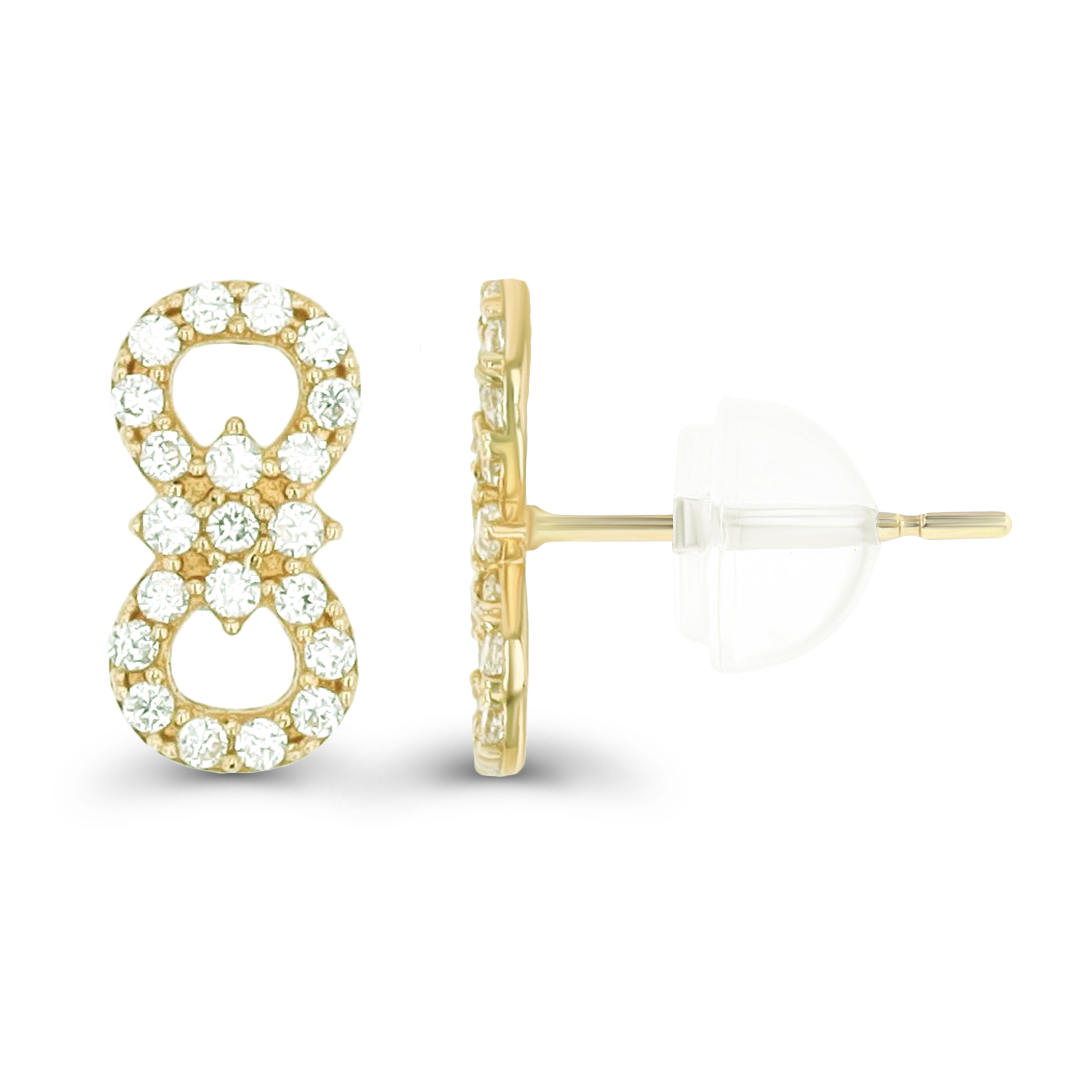 14K Yellow Gold Micropave Infinity CZ Stud Earring & 14K Silicone Back