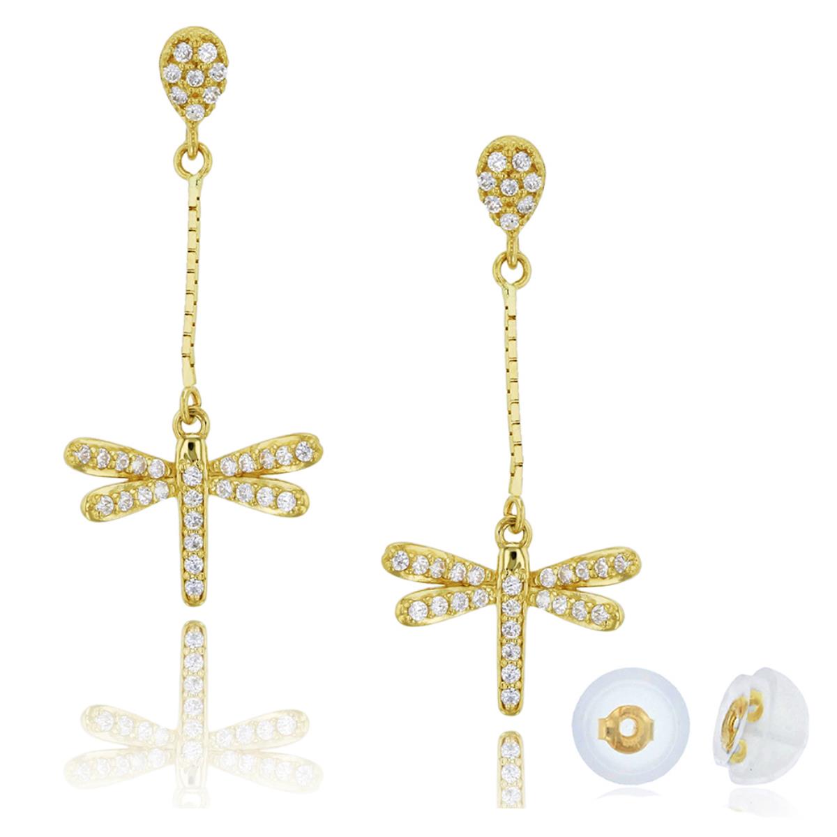 14K Yellow Gold Micropave Flying Dragonfly CZ Dangling Earring & 14K Silicone Back