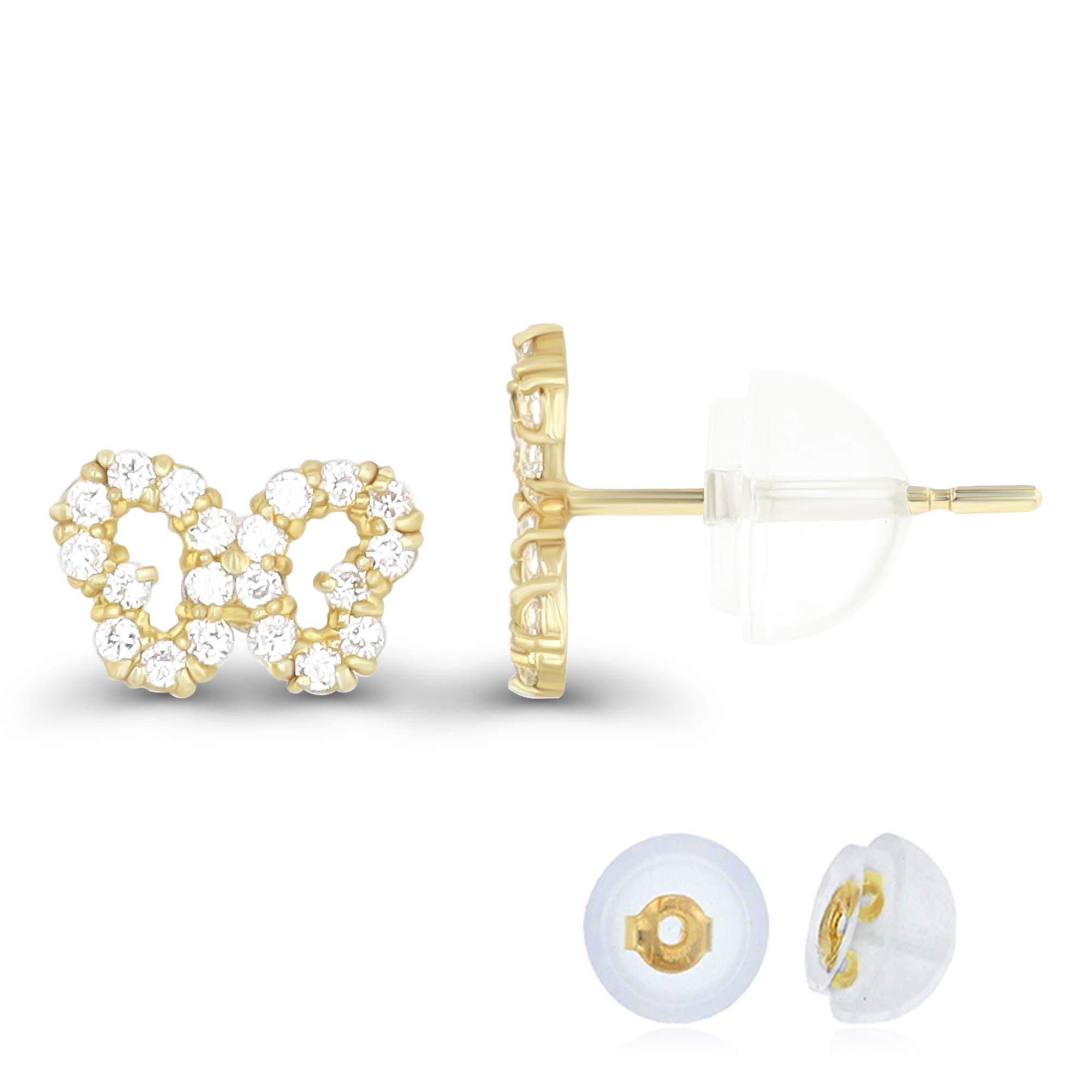 14K Yellow Gold Micropave Open Heart Butterfly CZ Stud Earring & 14K Silicone Back