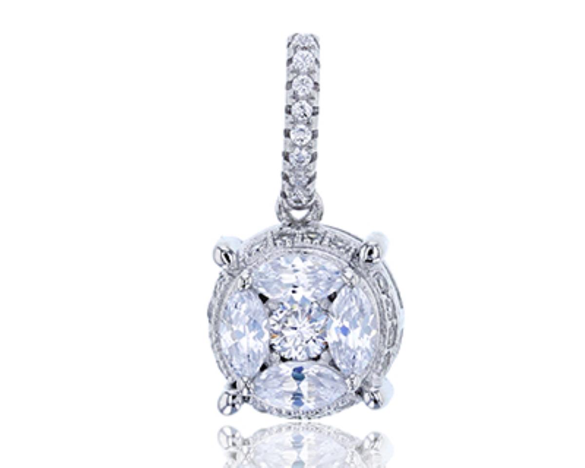 Sterling Silver Rhodium Micropave Marquise & Round CZ Dangling Pendant