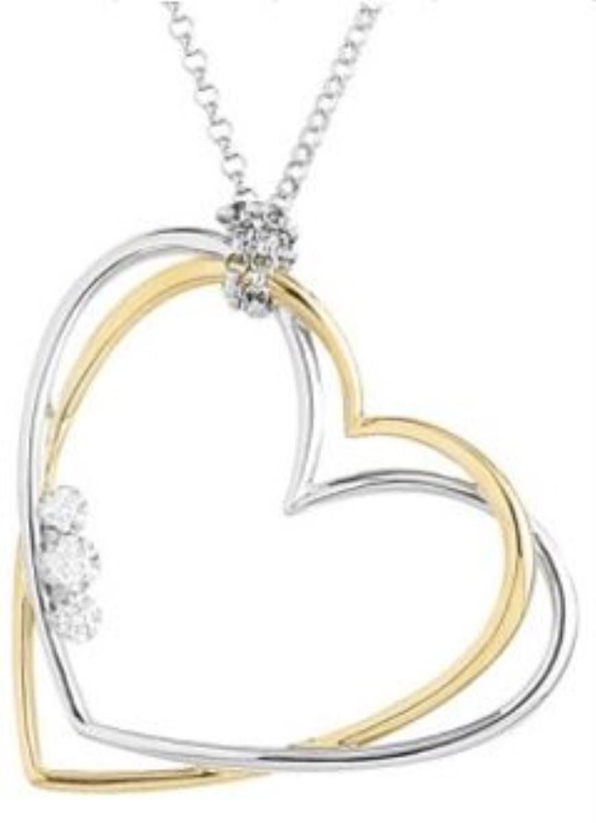 Platinum Plated Brass Yellow & White Double Heart 3-Stone CZ DC Cable Chain Necklace