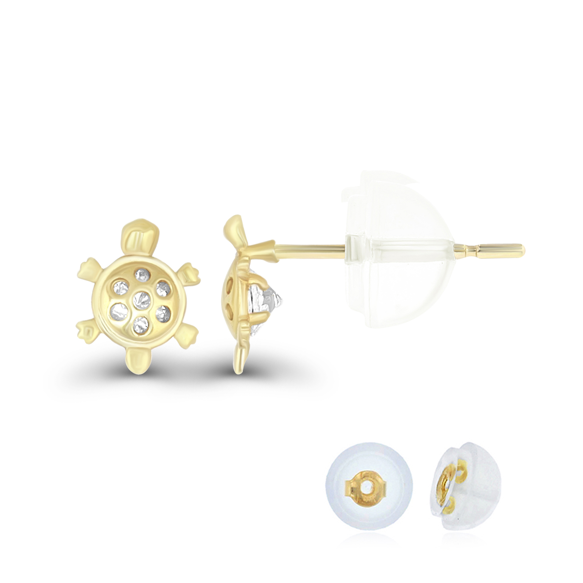 14K Yellow Gold Micropave Small Turtle CZ Stud Earring & 14K Silicone Back