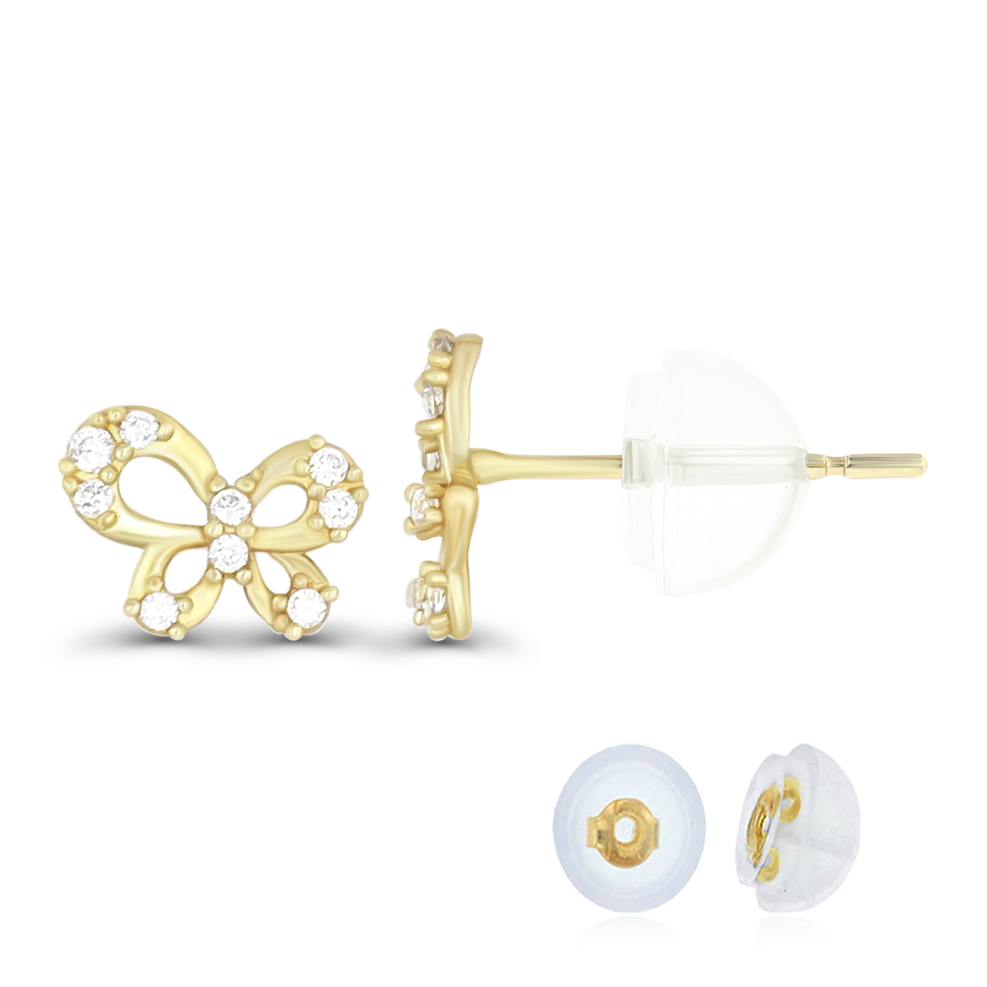 14K Yellow Gold Micropave Open Butterfly CZ Stud Earring & 14K Silicone Back