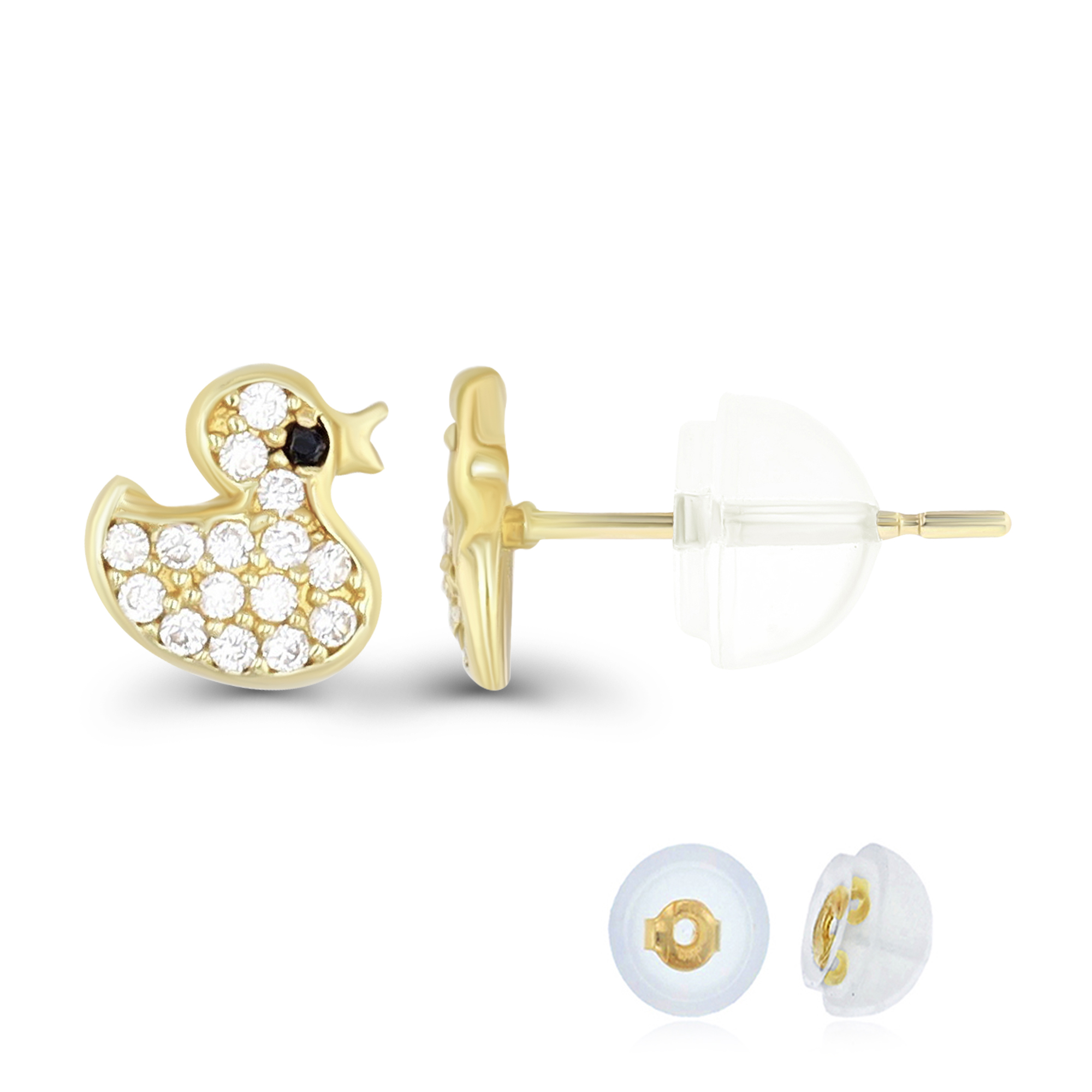 14K Yellow Gold Micropave Baby Duck CZ Stud Earring & 14K Silicone Back