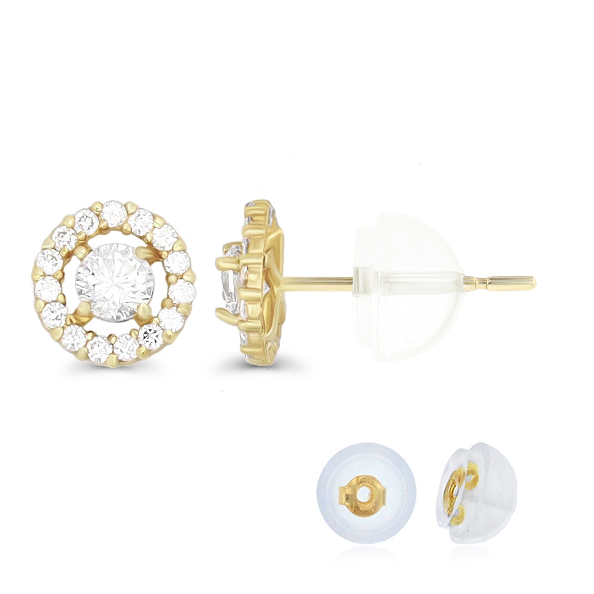 14K Yellow Gold Pave 3.00mm Round Halo Stud Earring & 14K Silicone Back