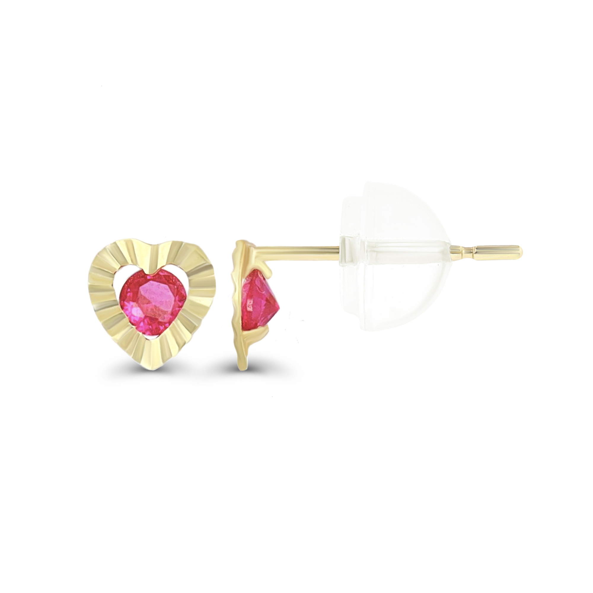 14K Yellow Gold DC Red Ruby CZ Heart Stud Earring & 14K Silicone Back
