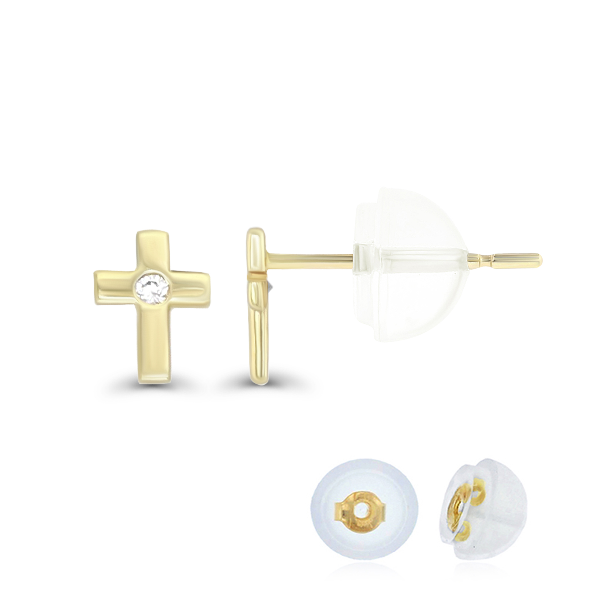 14K Yellow Gold Polished Pave Mini Cross Stud Earring & 14K Silicone Back