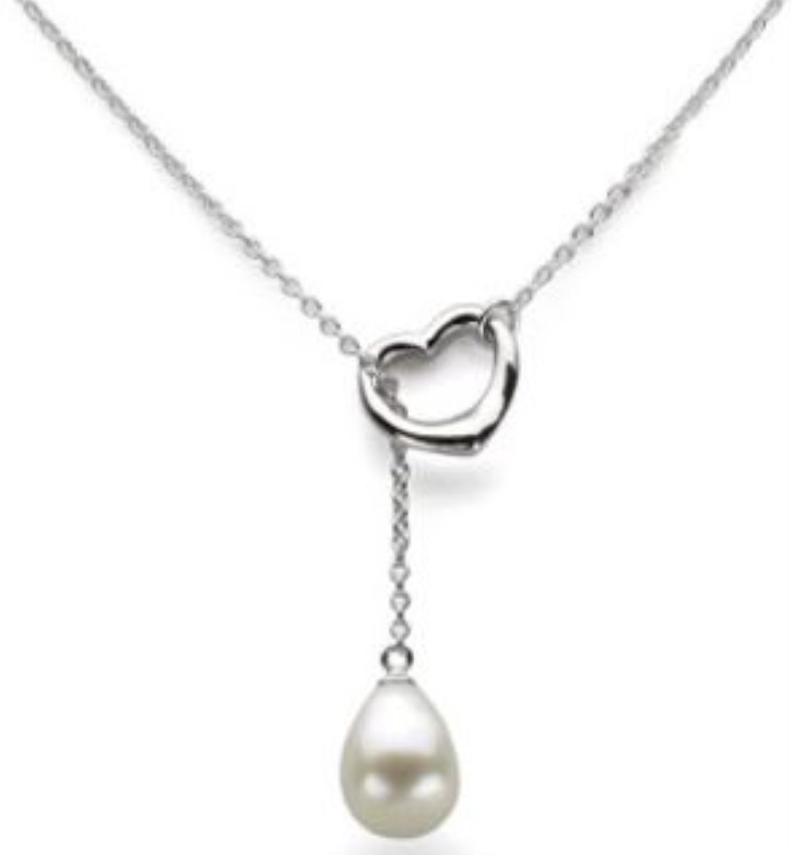 Platinum Plated Brass Heart & Dangling Faux Pearl Cable Chain Necklace