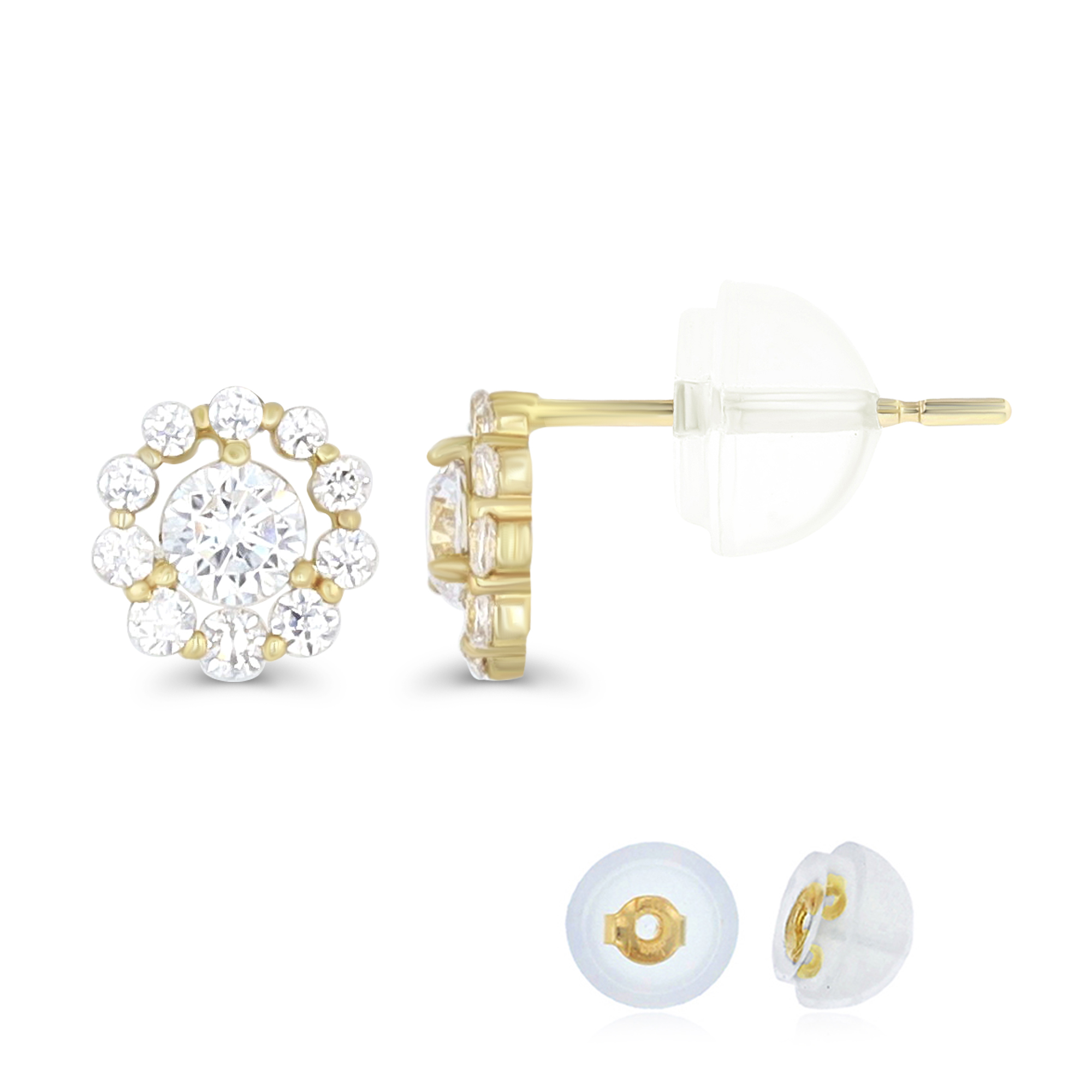 14K Yellow Gold Pave 3.00mm Round Cluster Halo Stud Earring & 14K Silicone Back