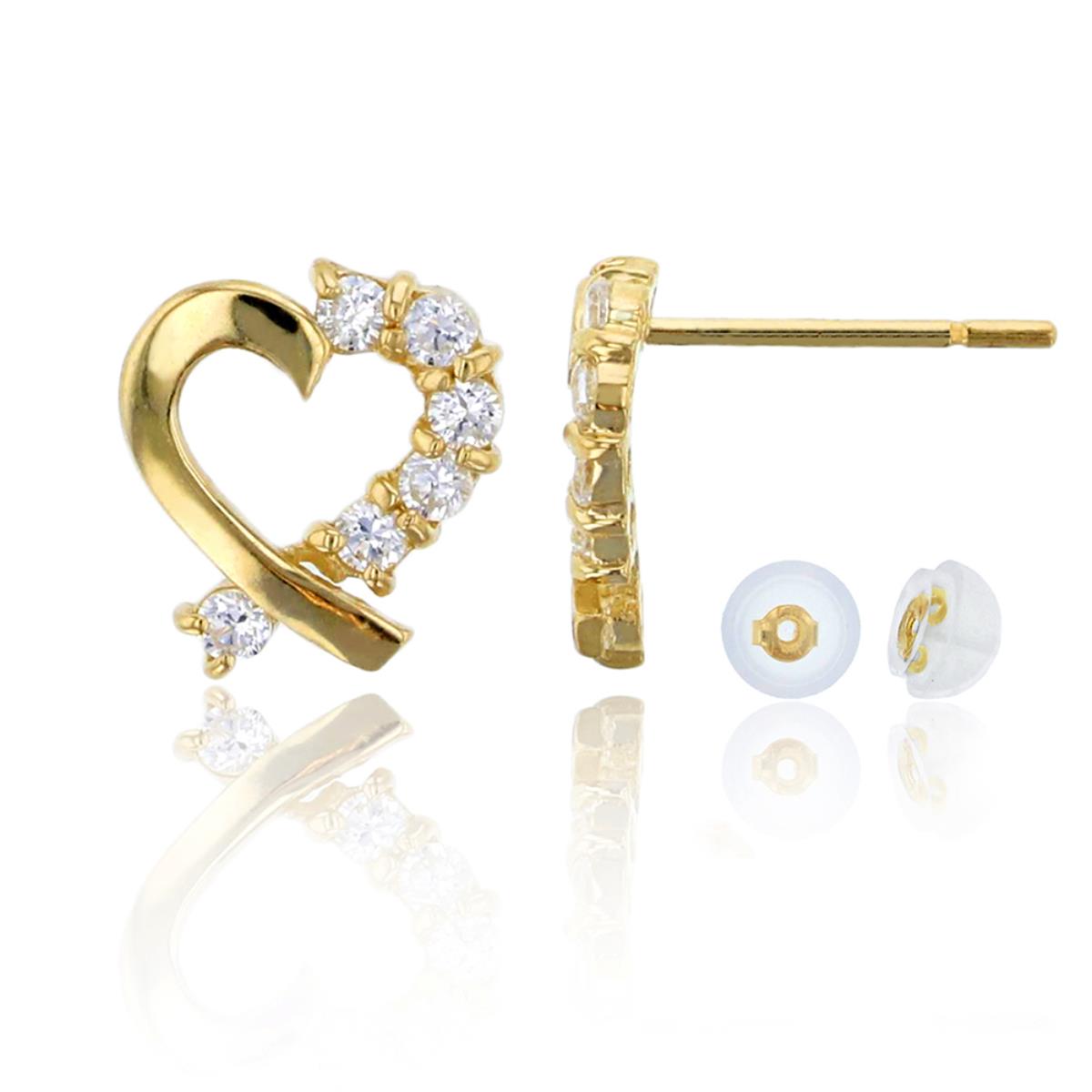 14K Yellow Gold Pave Round Cut Heart Stud Earring & 14K Silicone Back