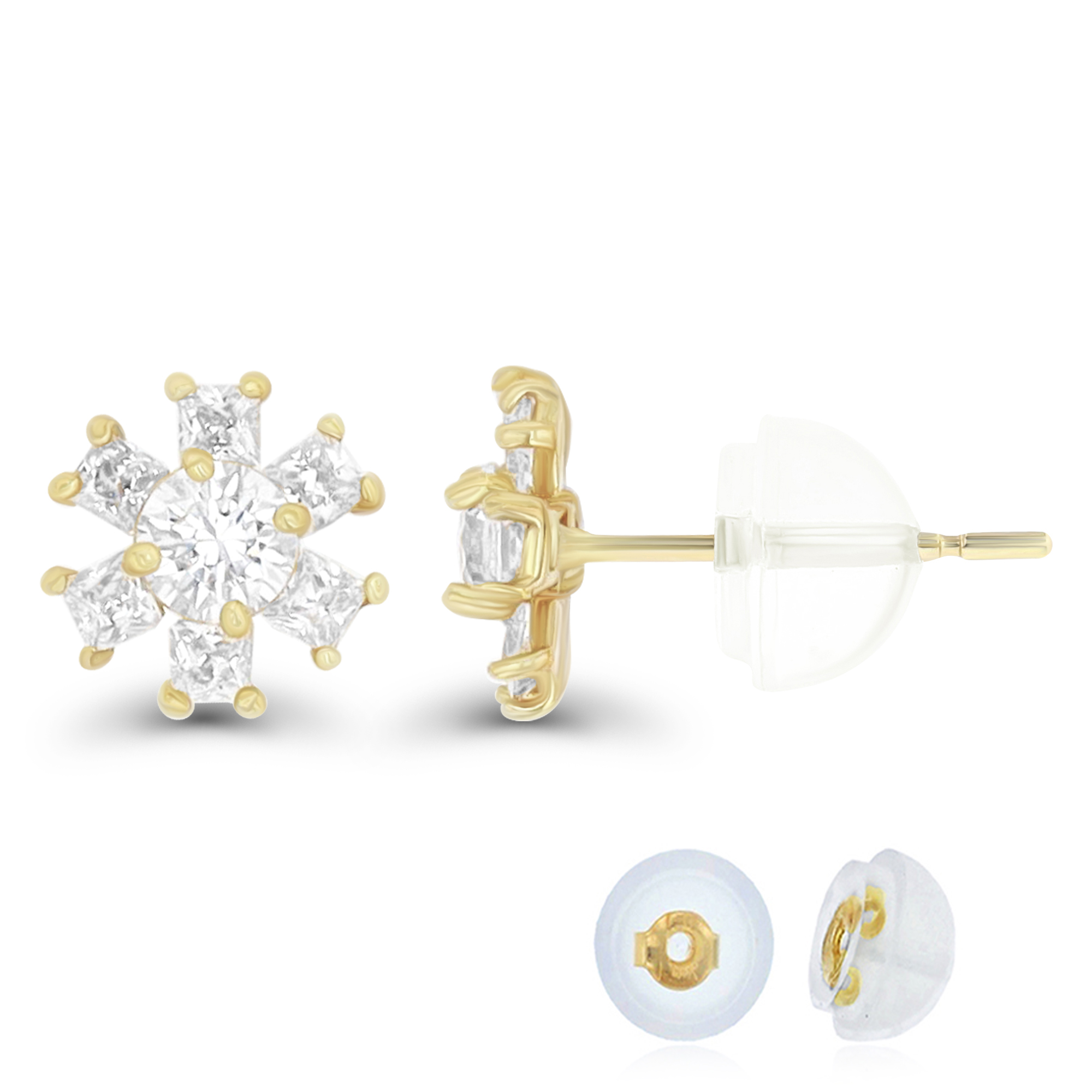 14K Yellow Gold 3mm Rd & 2mm Sq Cut Flower Stud Earring & 14K Silicone Back