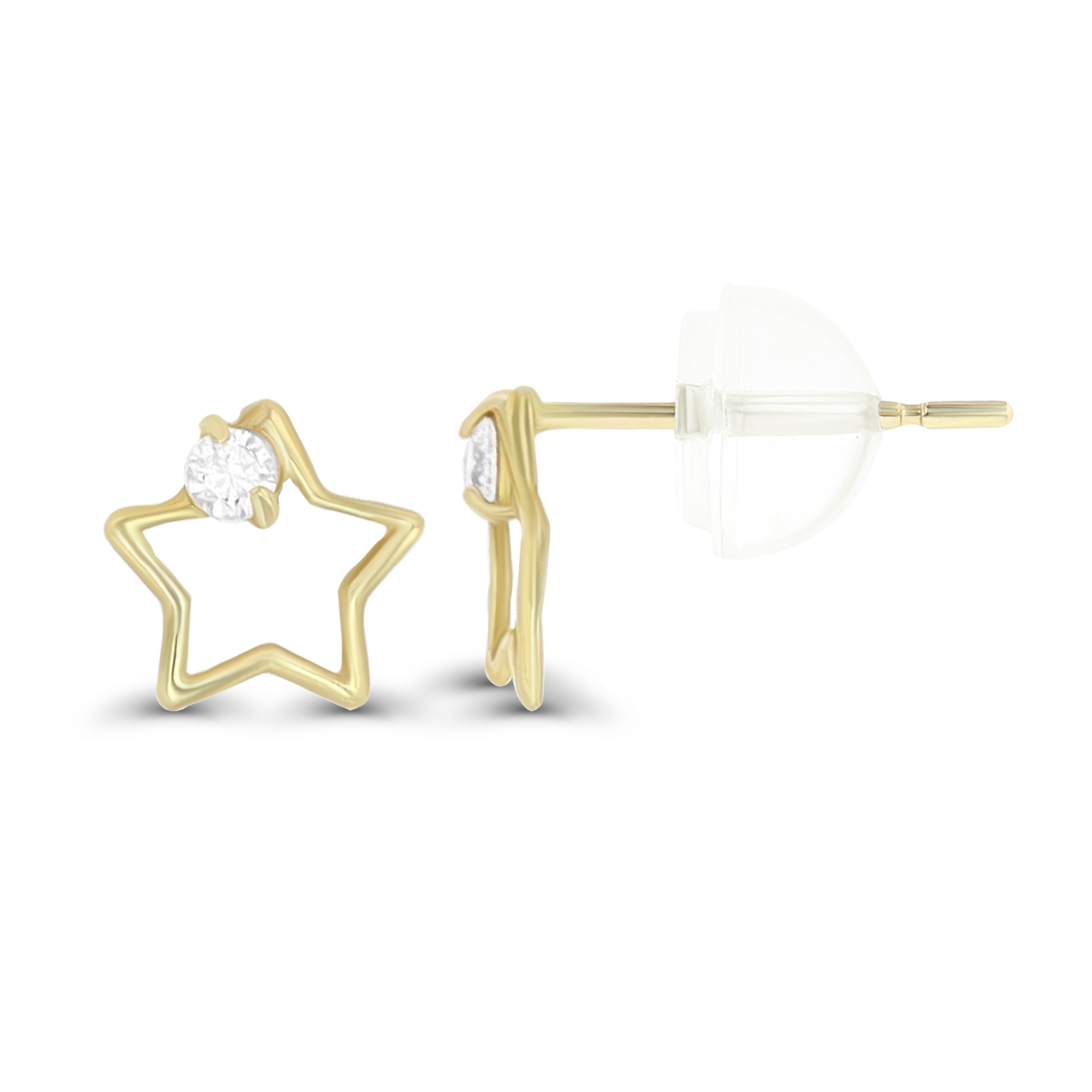14K Yellow Gold 2.00mm Round Cut Open Star Stud Earring & 14K Silicone Back