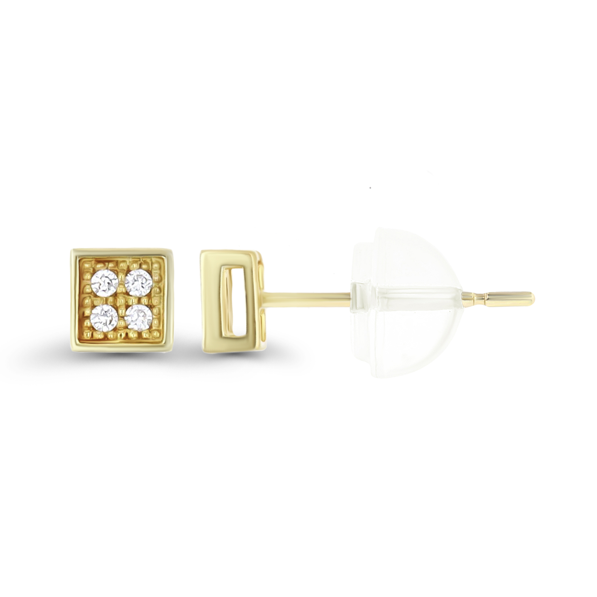 14K Yellow Gold Pave Small Square Stud Earring & 14K Silicone Back