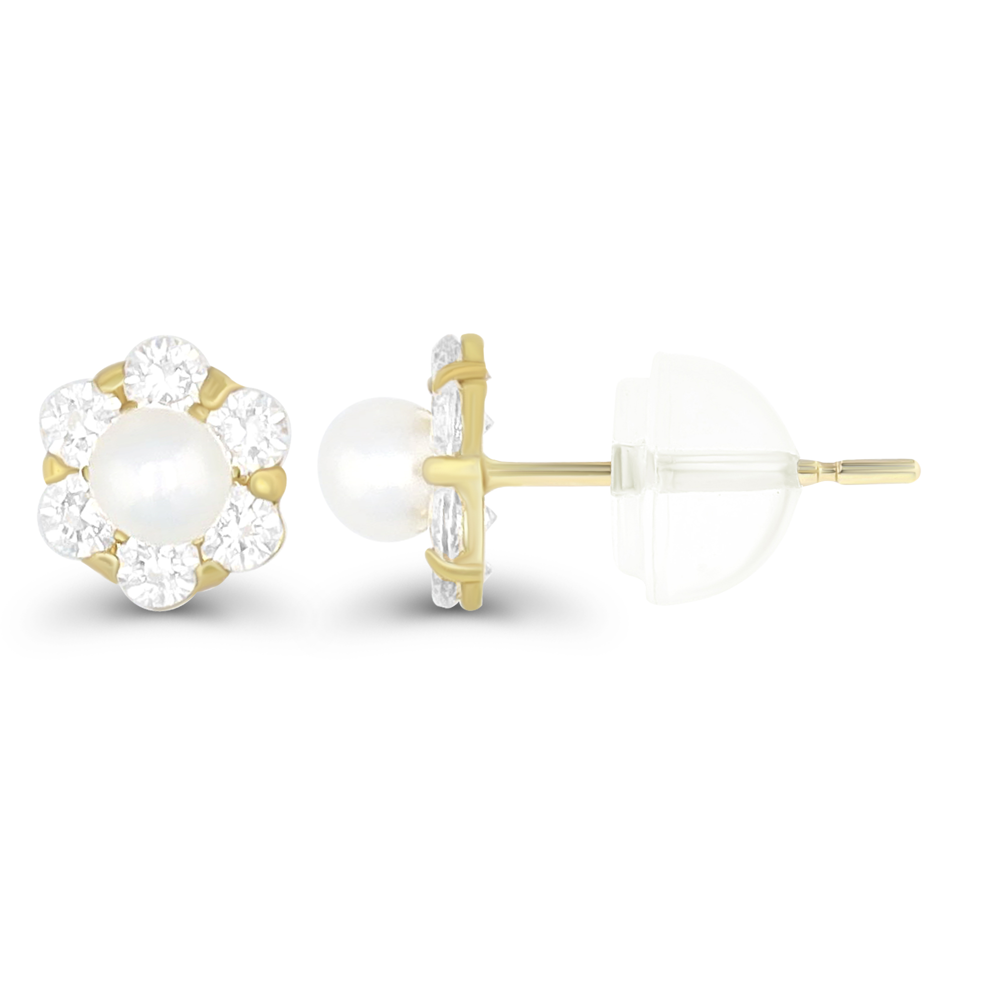14K Yellow Gold 3mm Freshwater Pearl Flower Stud Earring & 14K Silicone Back