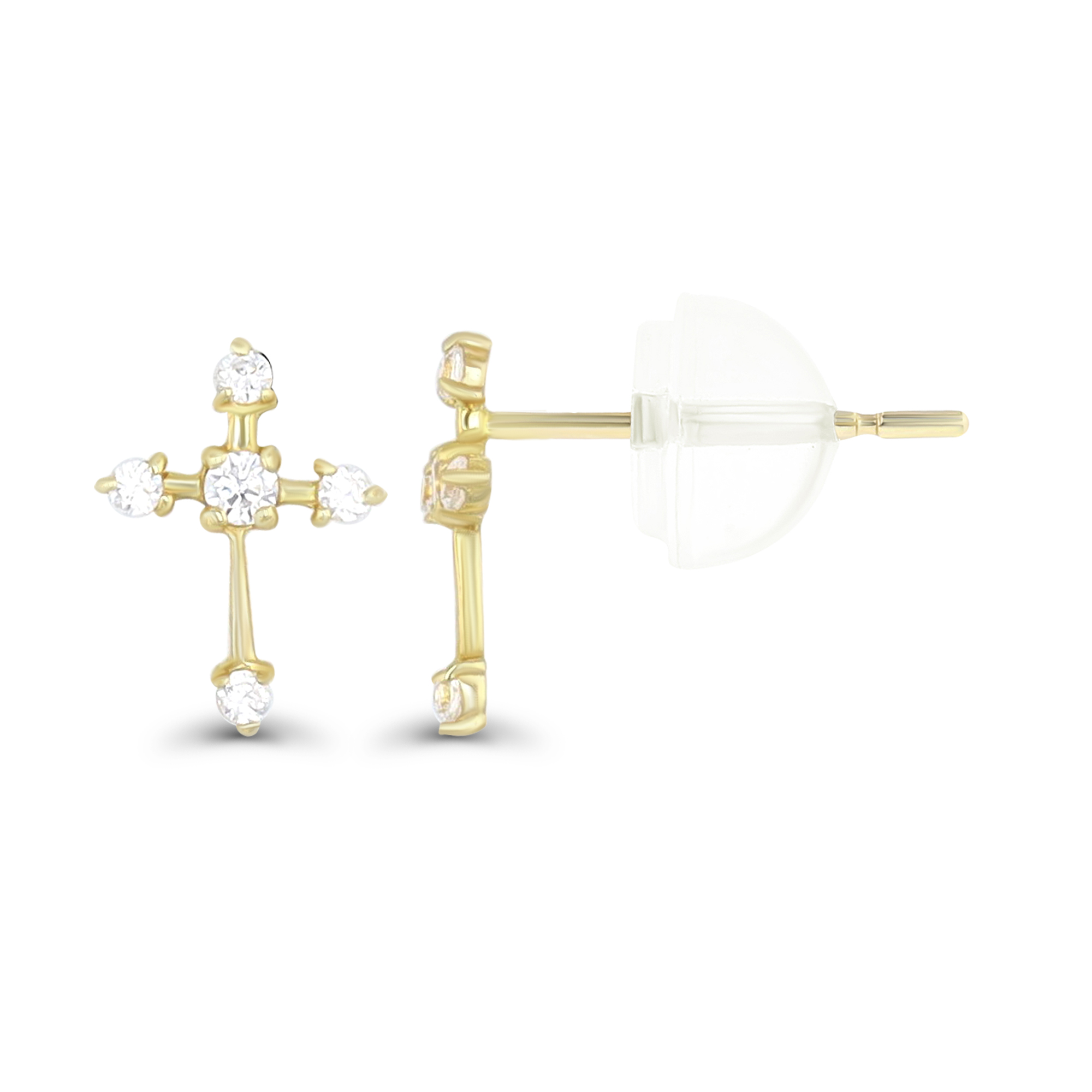 14K Yellow Gold Round Cut Small Cross Stud Earring & 14K Silicone Back