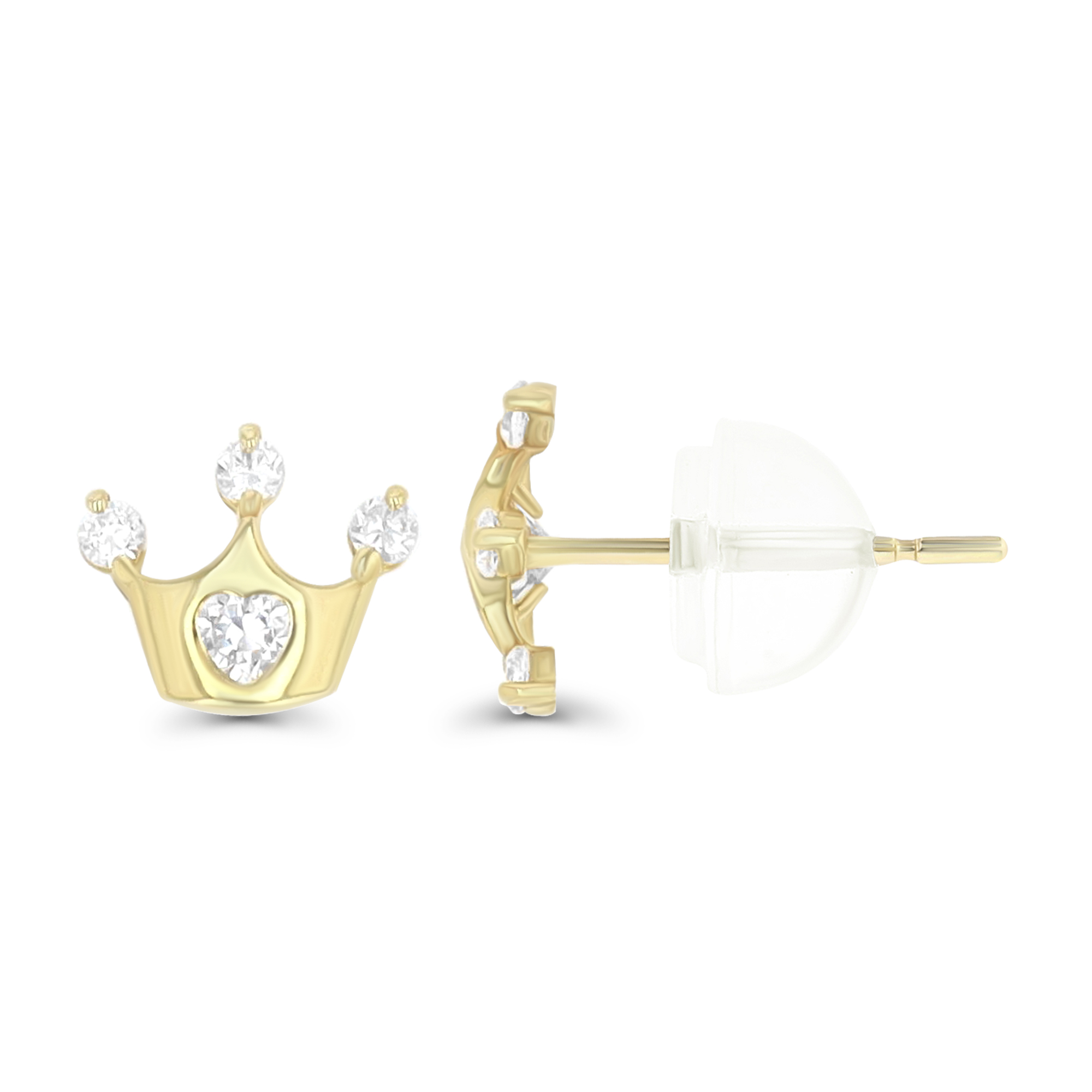 14K Yellow Gold Round and Heart Cut Crown Stud Earring & 14K Silicone Back