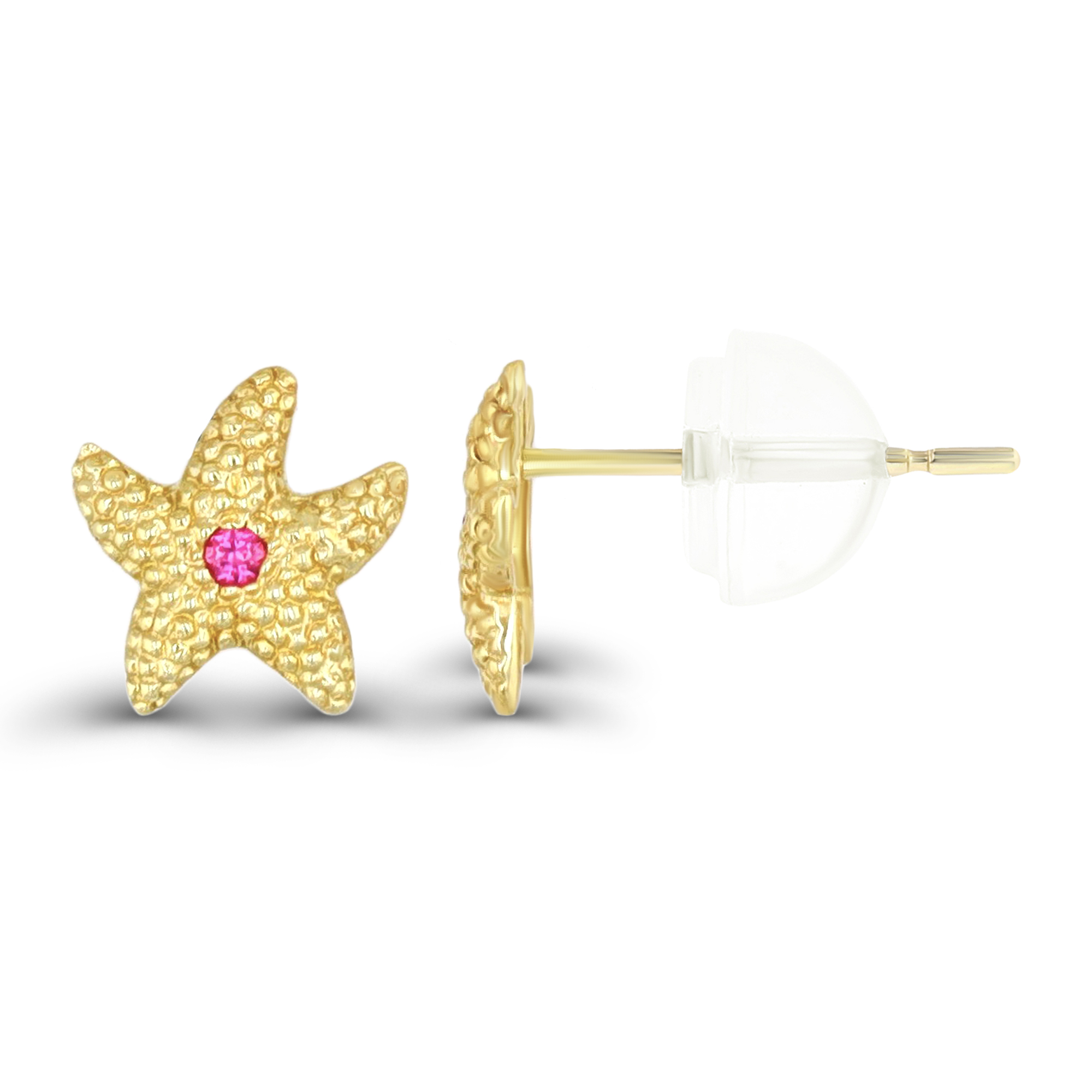 14K Yellow Gold Textured Red Ruby CZ Starfish Stud Earring & 14K Silicone Back