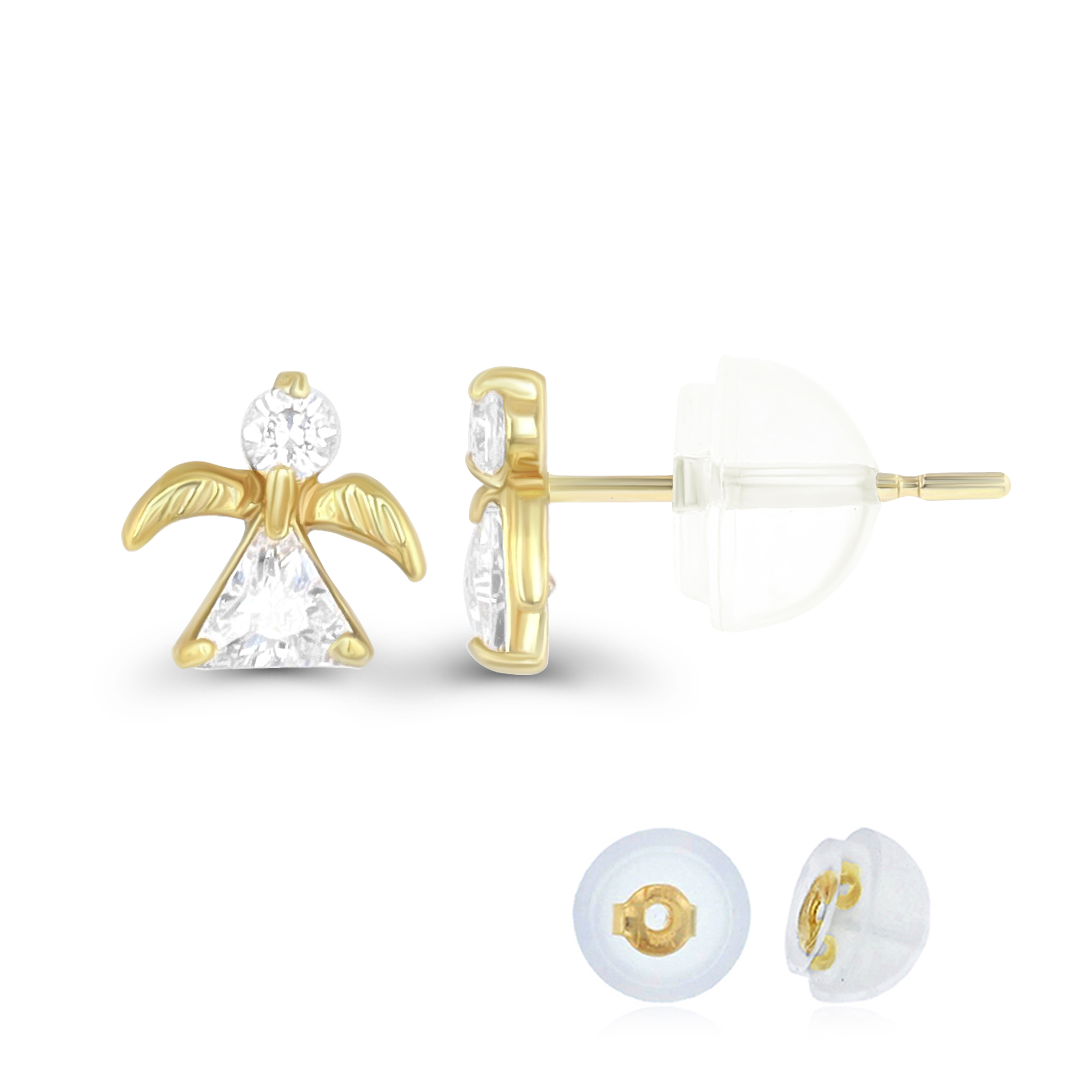 14K Yellow Gold Round and Trillion Little Angel Stud Earring & 14K Silicone Back