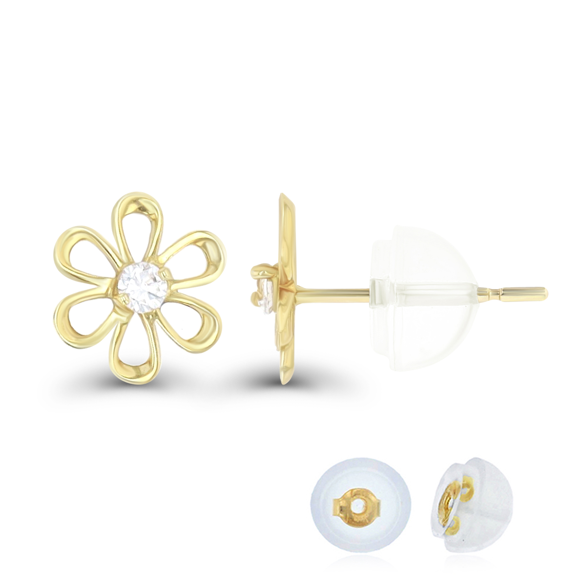14K Yellow Gold Rd Open Daisy Flower Stud Earring & 14K Silicone Back