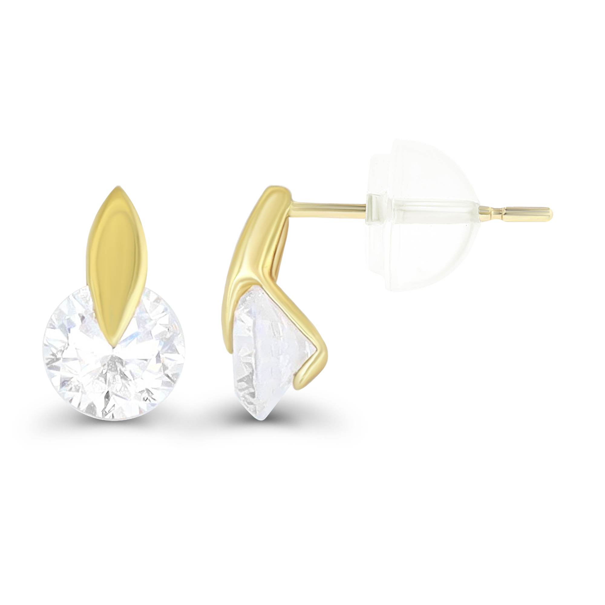 14K Yellow Gold 5mm Rd Cut Classic Drop Stud Earring & 14K Silicone Back