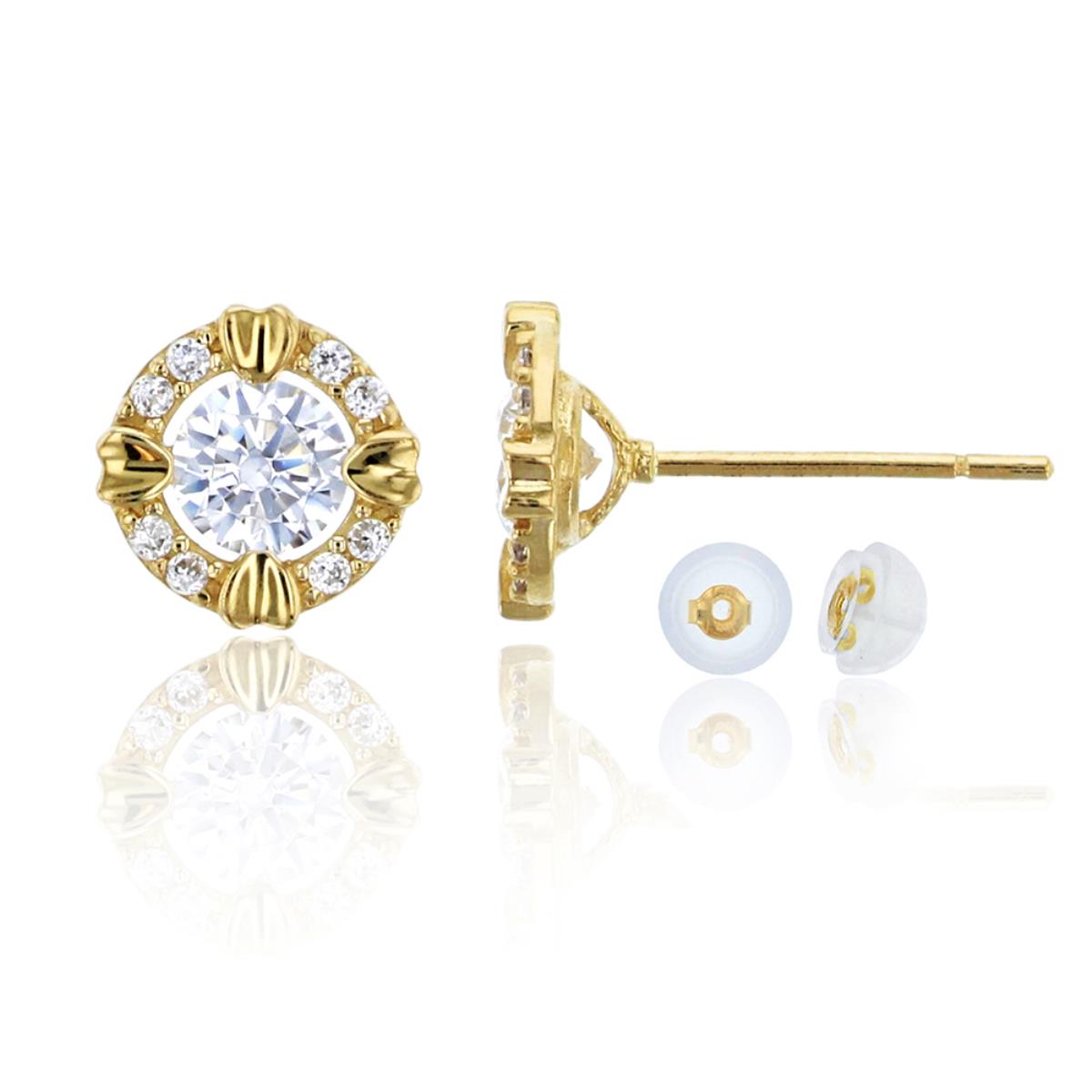 14K Yellow Gold Micropave 4.00mm Round Halo CZ Stud Earring & 14K Silicone Back